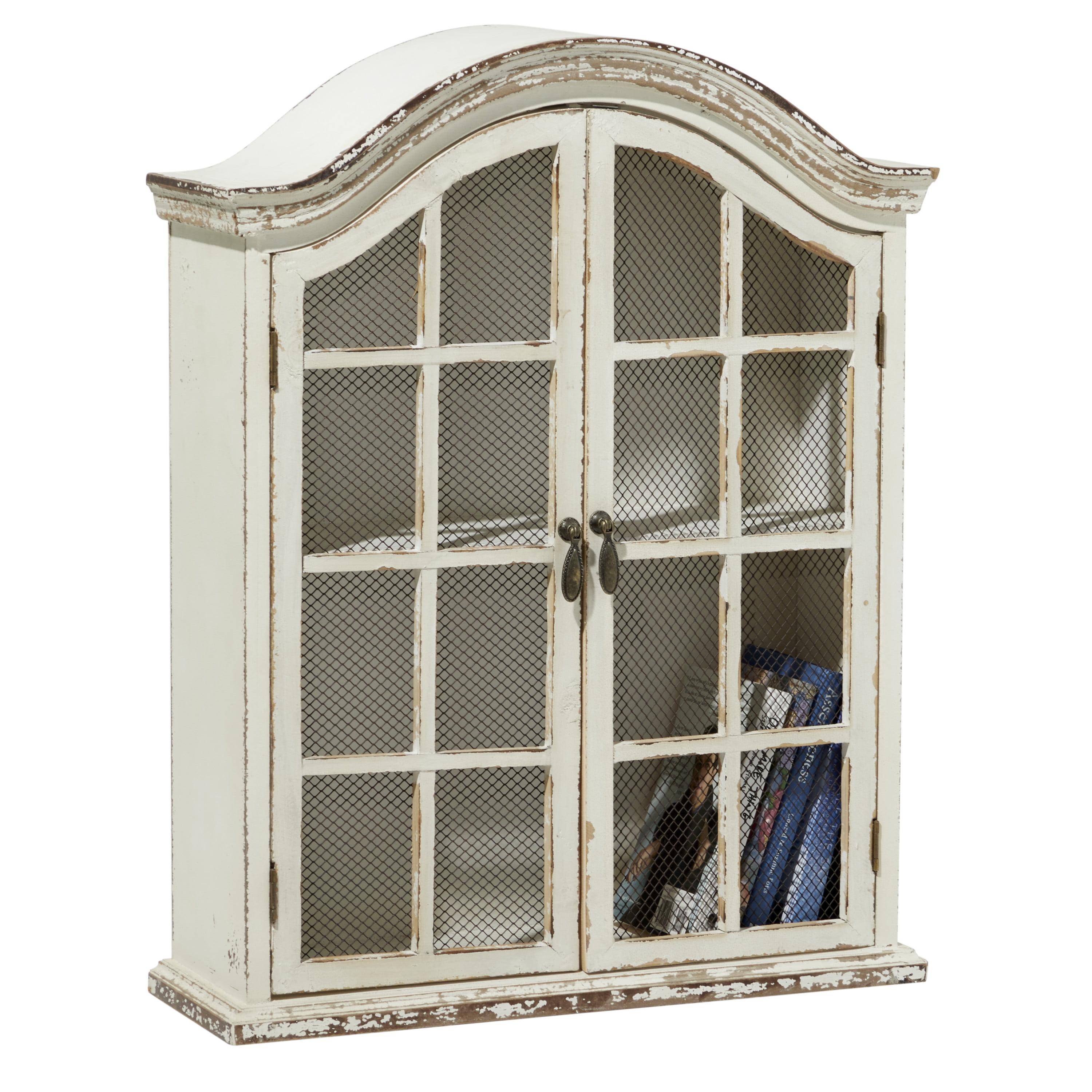 Distressed White Wood Wall Shelf with Arched Doors