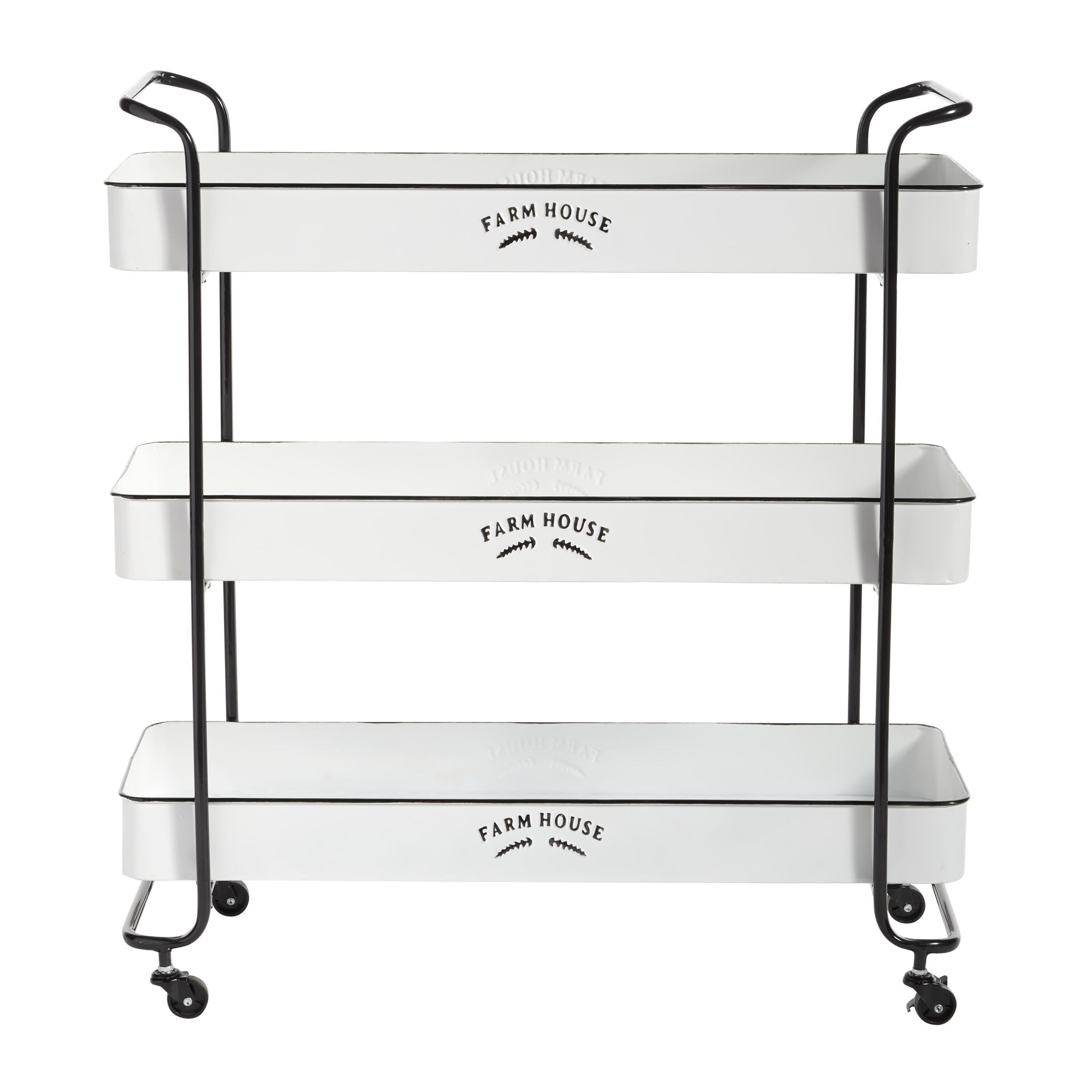 DecMode 32" x 35" White Metal Kitchen Rolling 3 Shelves Bar Cart with Black Accents and Farm House Design, 1-Piece