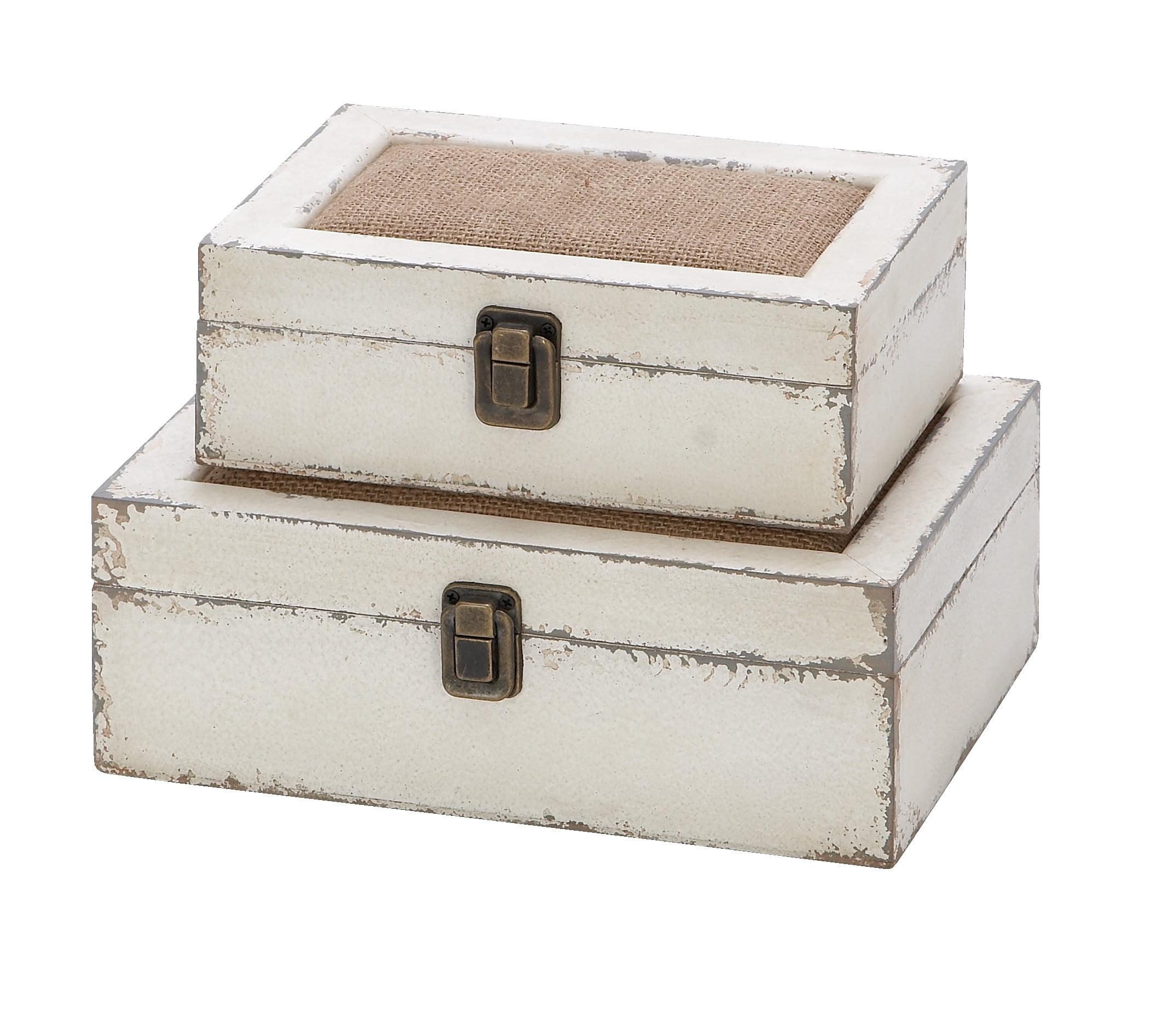 White and Burlap Rectangular Wood Lidded Box Set