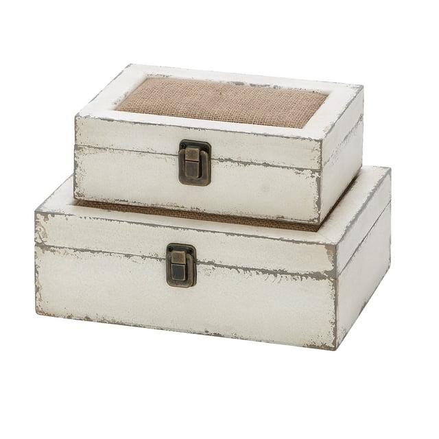 DecMode White Wood Decorative Box with Hinged Lid, 2 Count