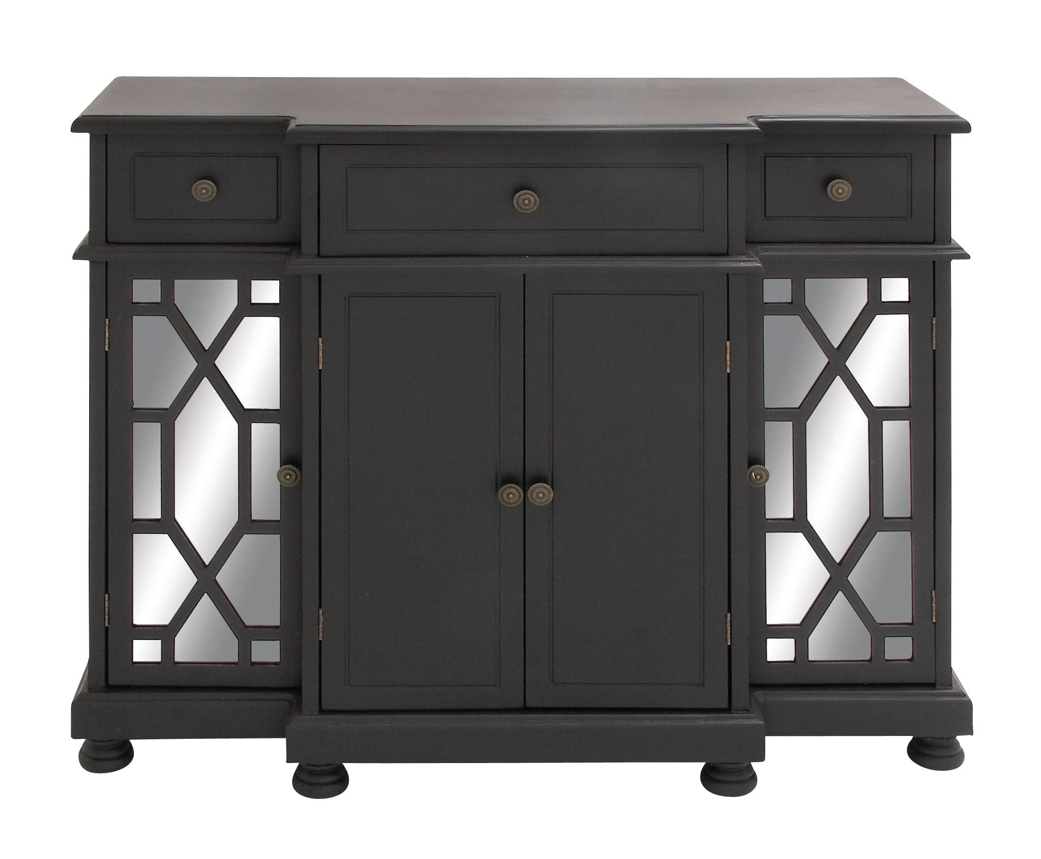 Black Wood Glam Cabinet with Geometric Mirror Panels