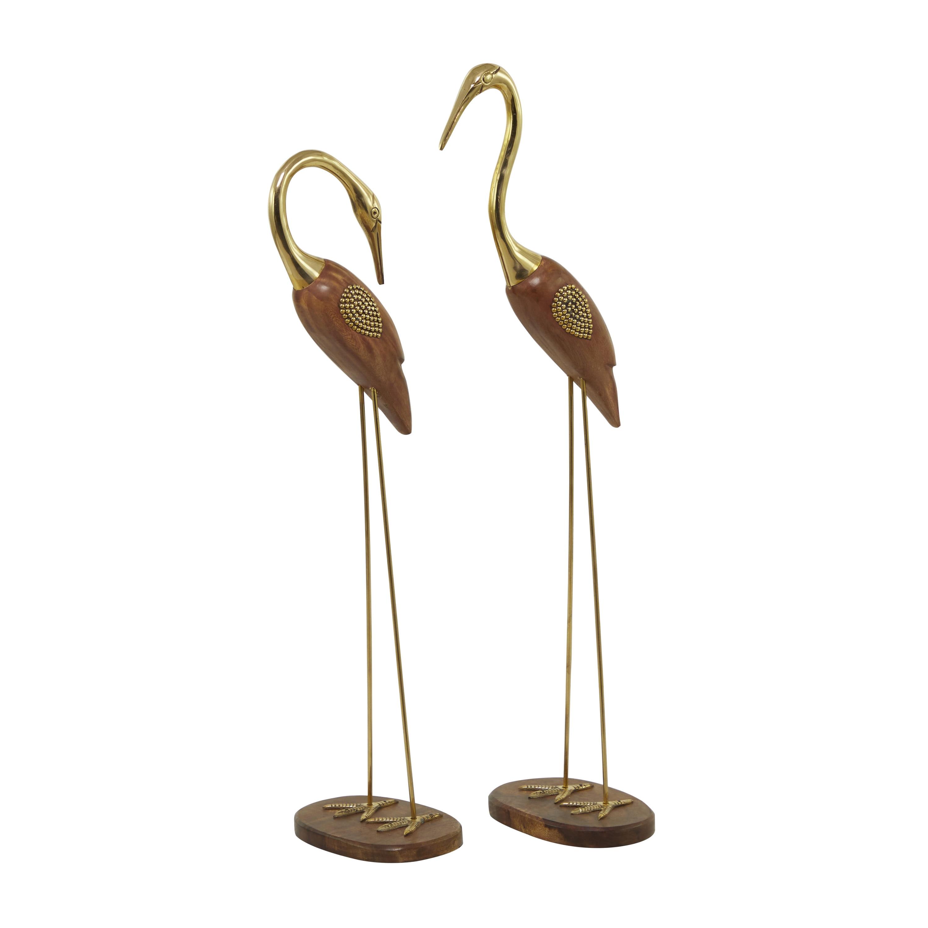 Gold and Wood Standing Egret Sculptures with Beaded Accents, 27"H