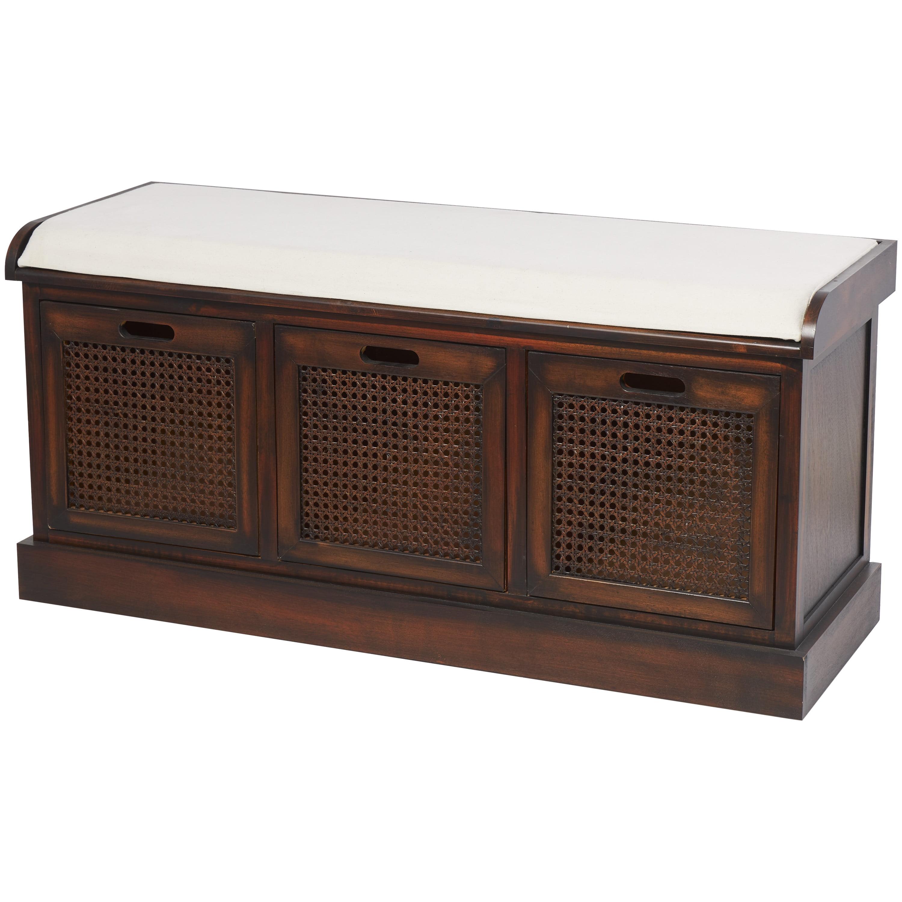 Traditional Brown Wood Storage Bench with Cushioned Seat and 3 Drawers