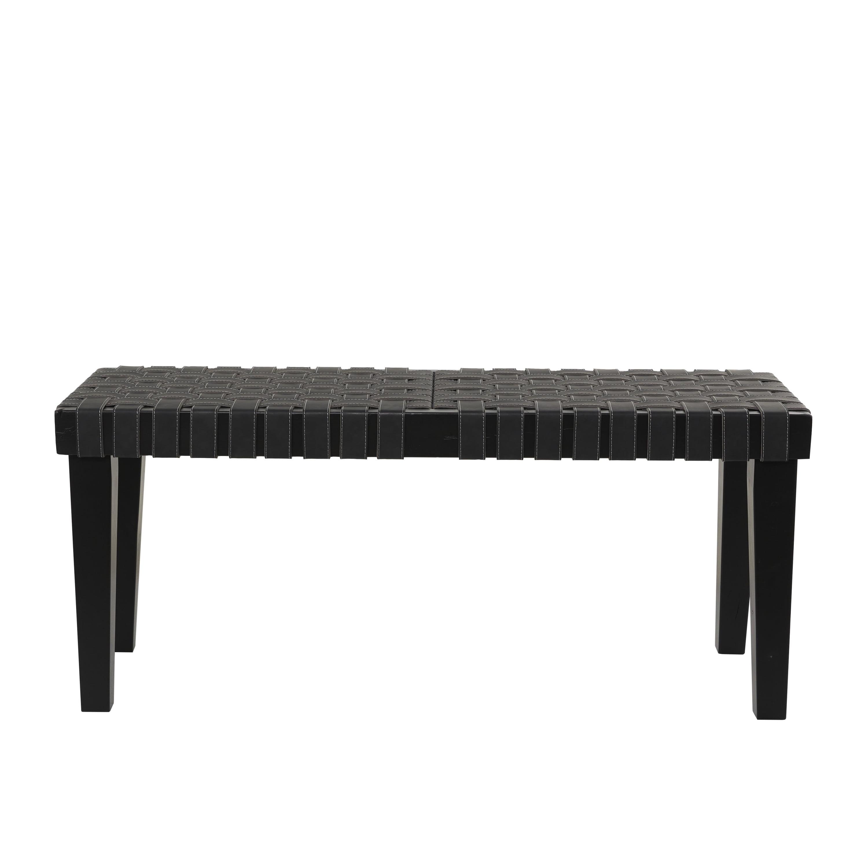 Black Woven Faux Leather Bench with Birch Legs