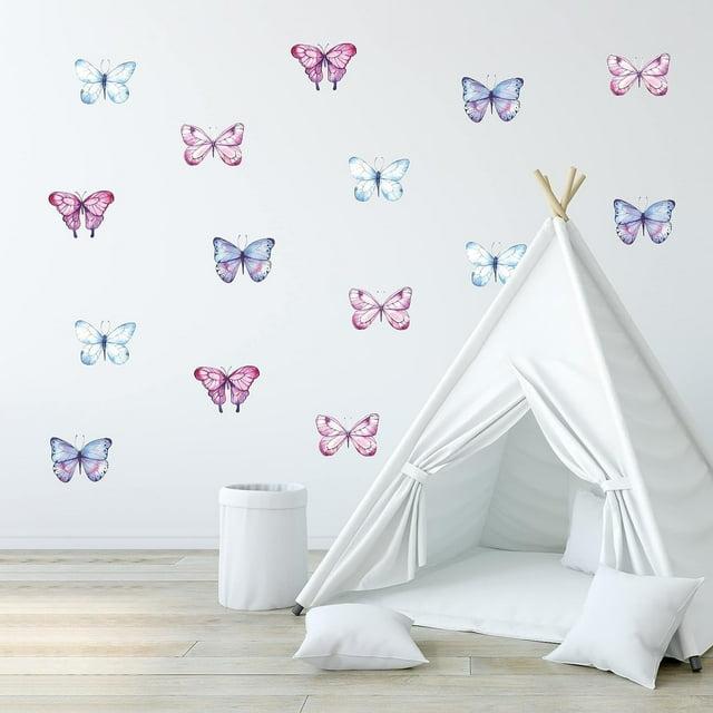 Decalcomania Butterfly Wall Decals - Set of 16 Watercolor Butterflies Wall Stickers for Girls Bedroom Kitchen Bathroom Room Decor Removable Peel and Stick Indoor Décor