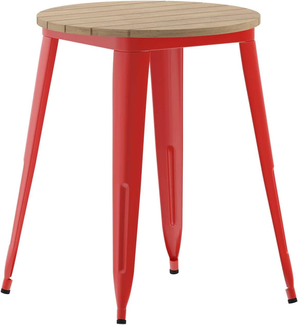 Flash Furniture Declan Commercial Grade Indoor/Outdoor Dining Table, 23.75" Round All Weather Brown Poly Resin Top with Red Steel Base
