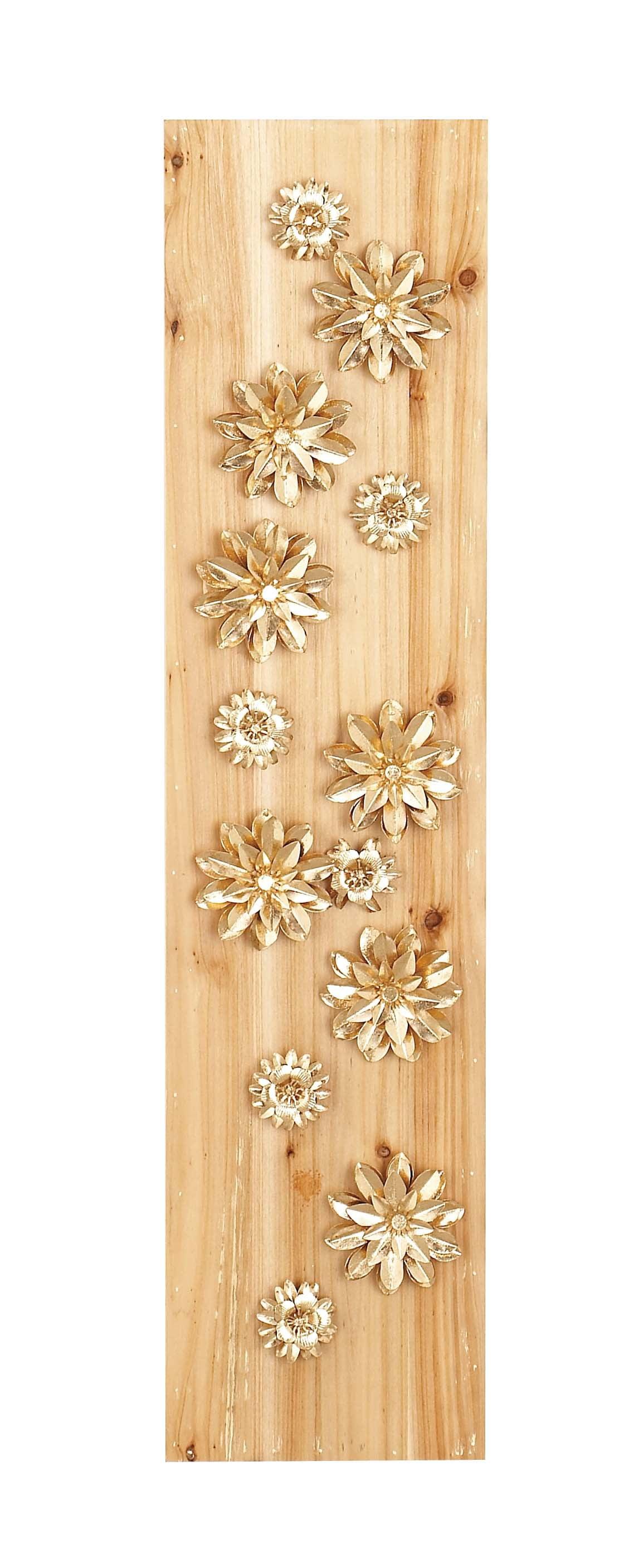 Decmode 39 X 9 Inch Natural Wood And Metal Light Gold Petaled Flowers Rectangular Wall Decor, Metallic, Natural Wood