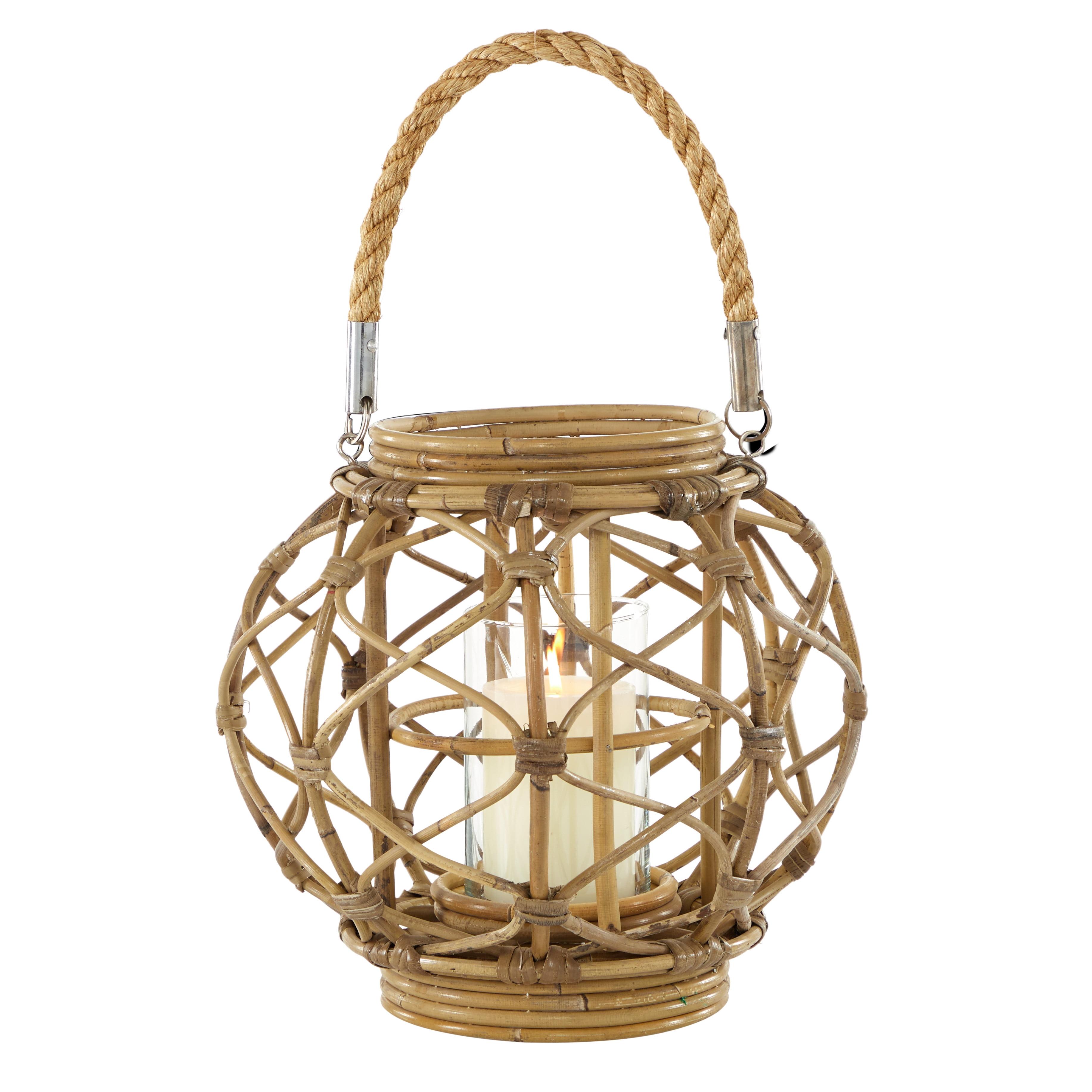 Ellipse-Shaped Rattan and Burlap Rope Hanging Lantern, 13''