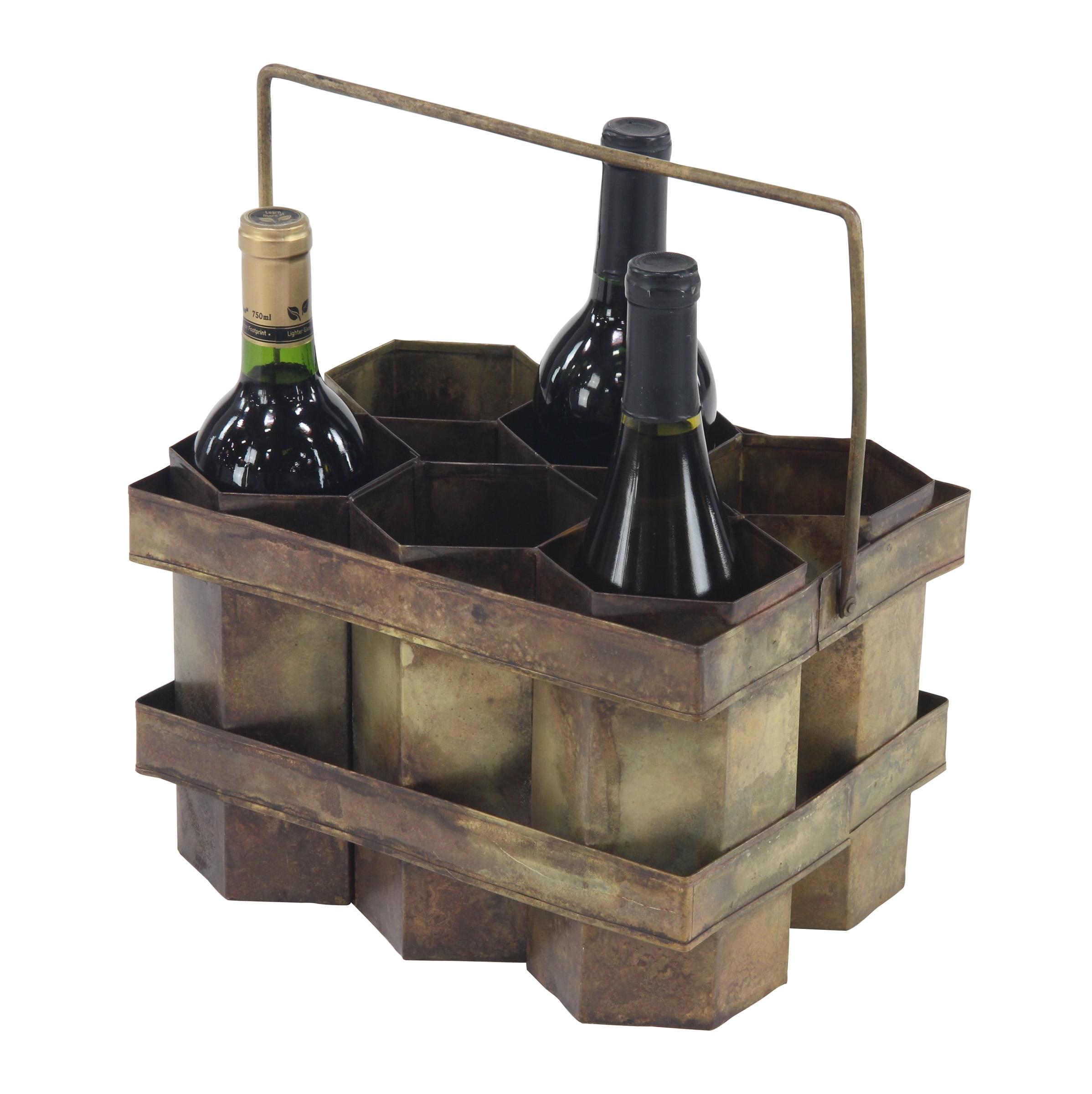 Rustic Brass Gold Hexagon Six-Bottle Wine Holder with Handle