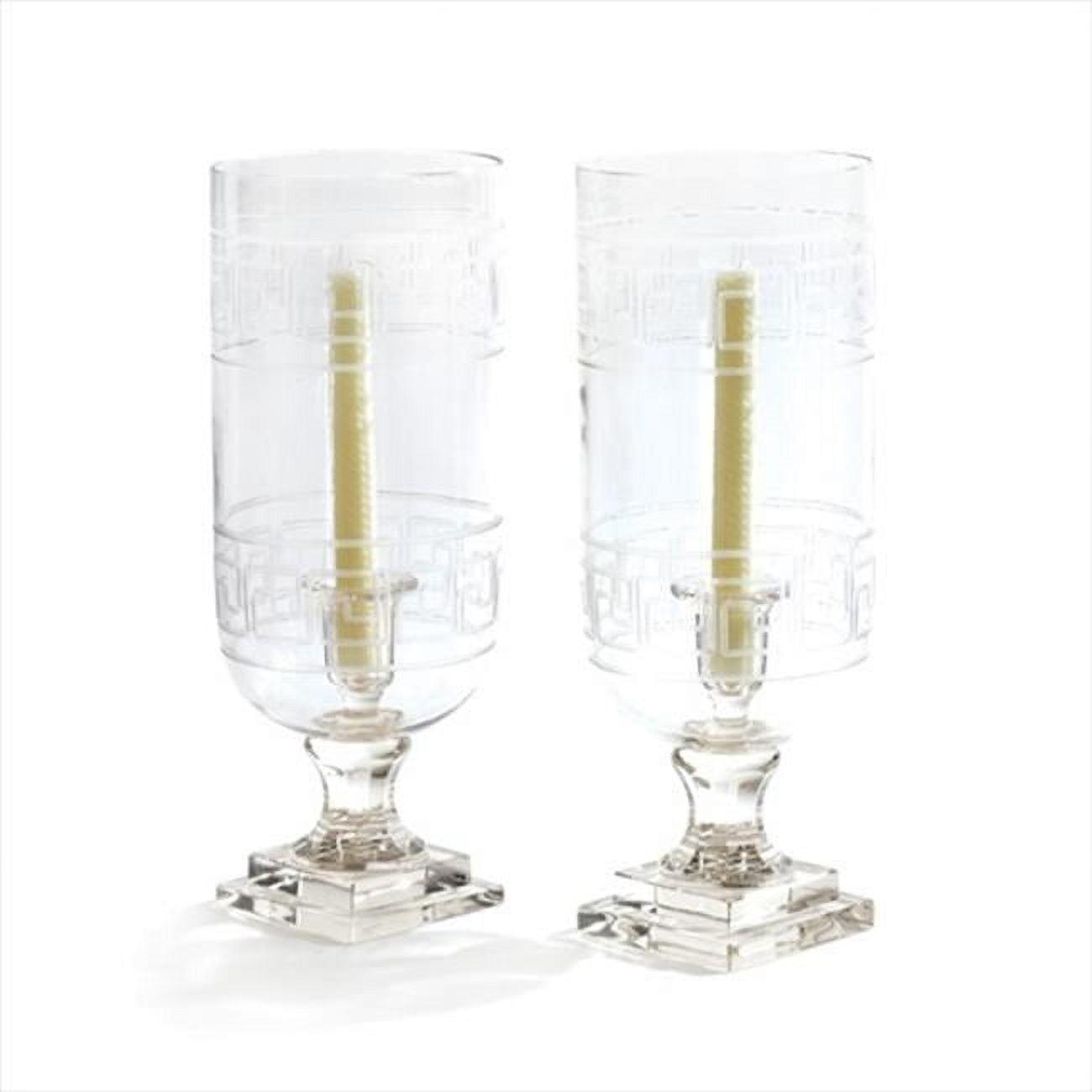 Deco Home Pair of Etched Glass Greek Key Hurricanes