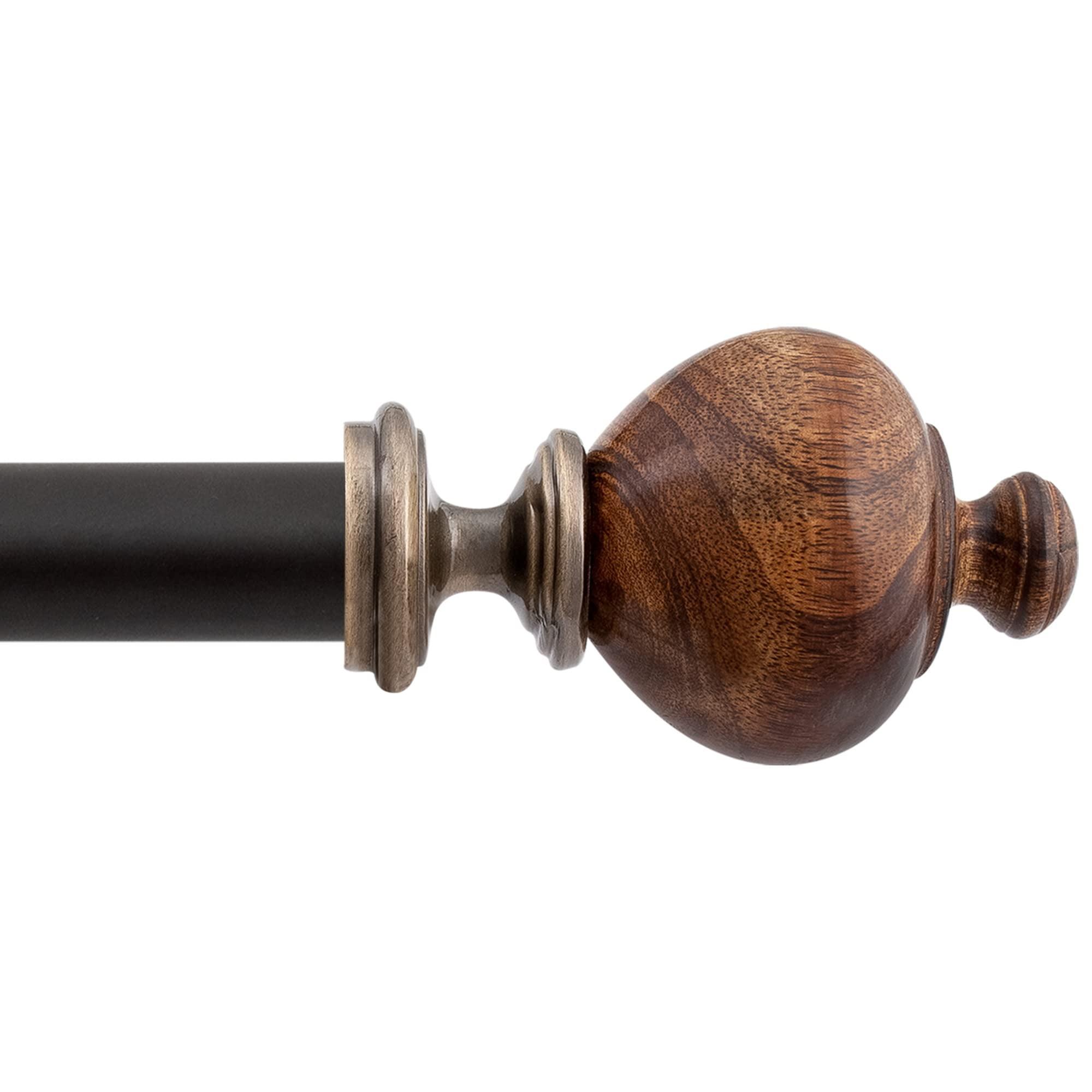 Brown Adjustable Curtain Rod with Natural Wood Finials, 36"-66"