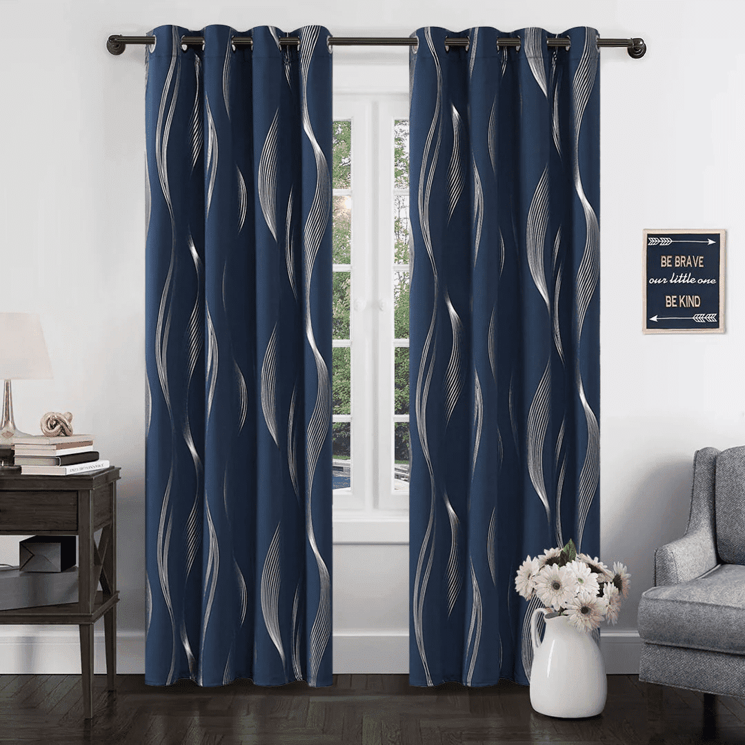 Deconovo Grommet Wave Line Foil Printed Thermal Insulated Blackout Curtains for Children 2 Panels 52x84 inch Navy Blue