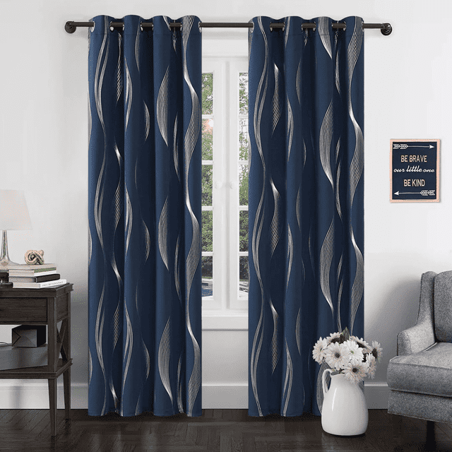 Deconovo Grommet Wave Line Foil Printed Thermal Insulated Blackout Curtains for Children 2 Panels 52x84 inch Navy Blue