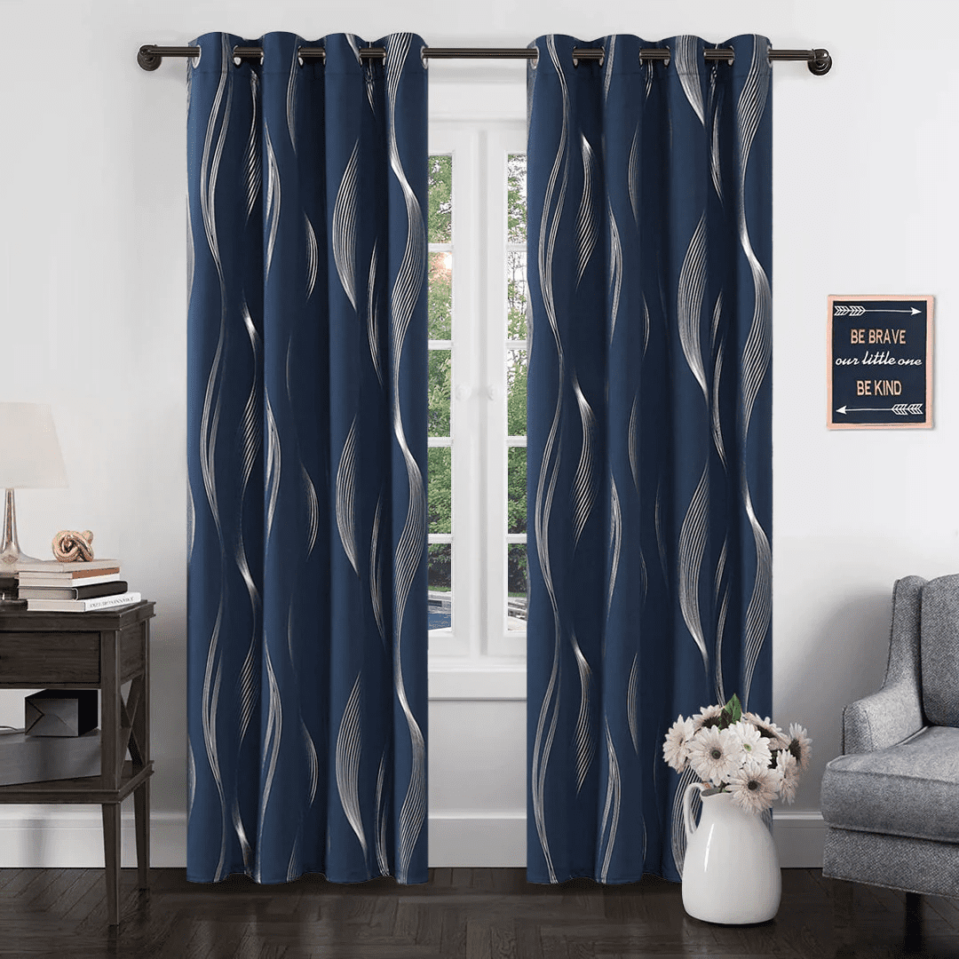 Navy Blue Silver Wave Pattern Blackout Grommet Curtains 52" x 84"