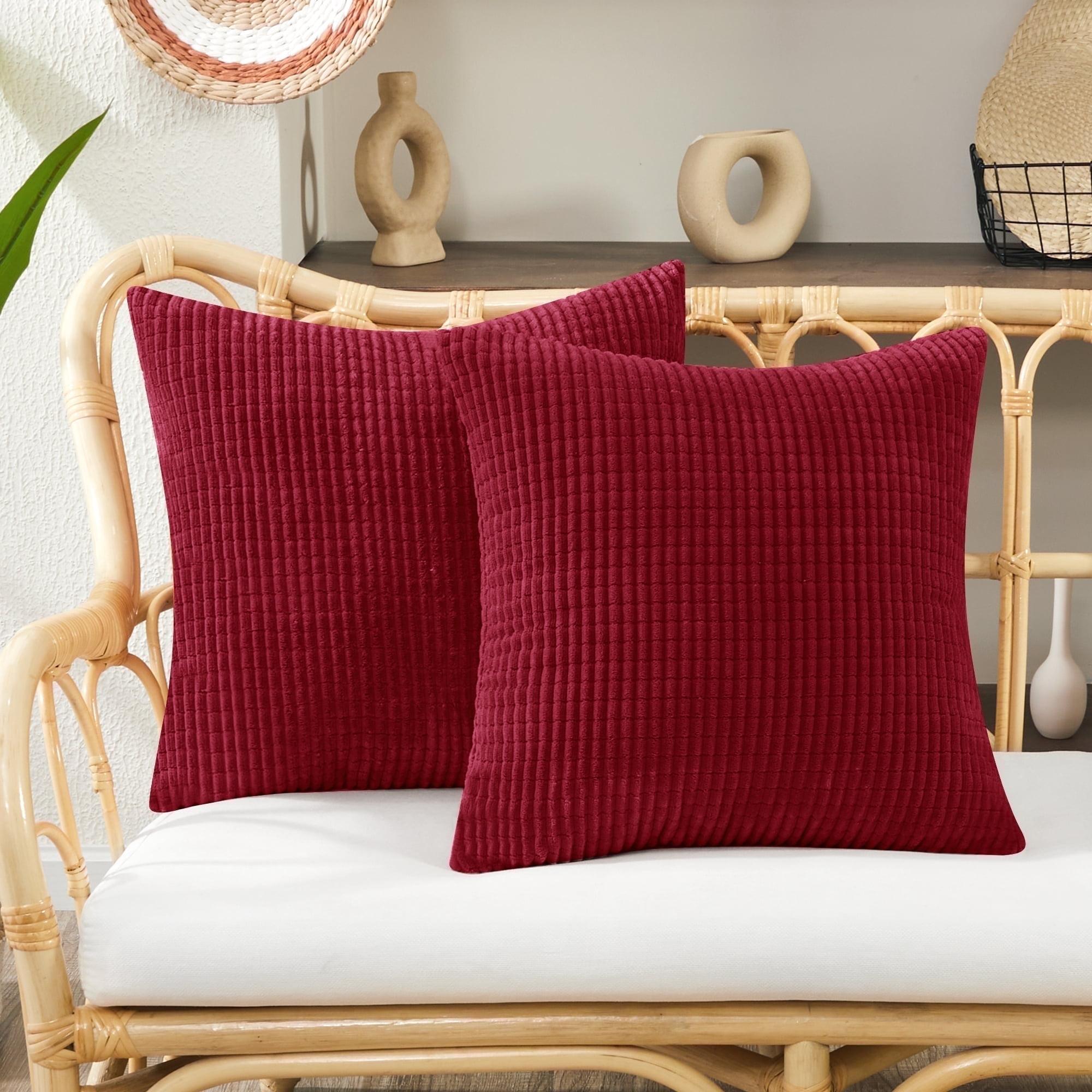 Deconovo Holiday Decorative Throw Pillow Covers with Stripes, 22x22 inch, Solid Color Corduroy Cushion Covers for Bedroom, 22x22 in, Wine Red, Set of 2