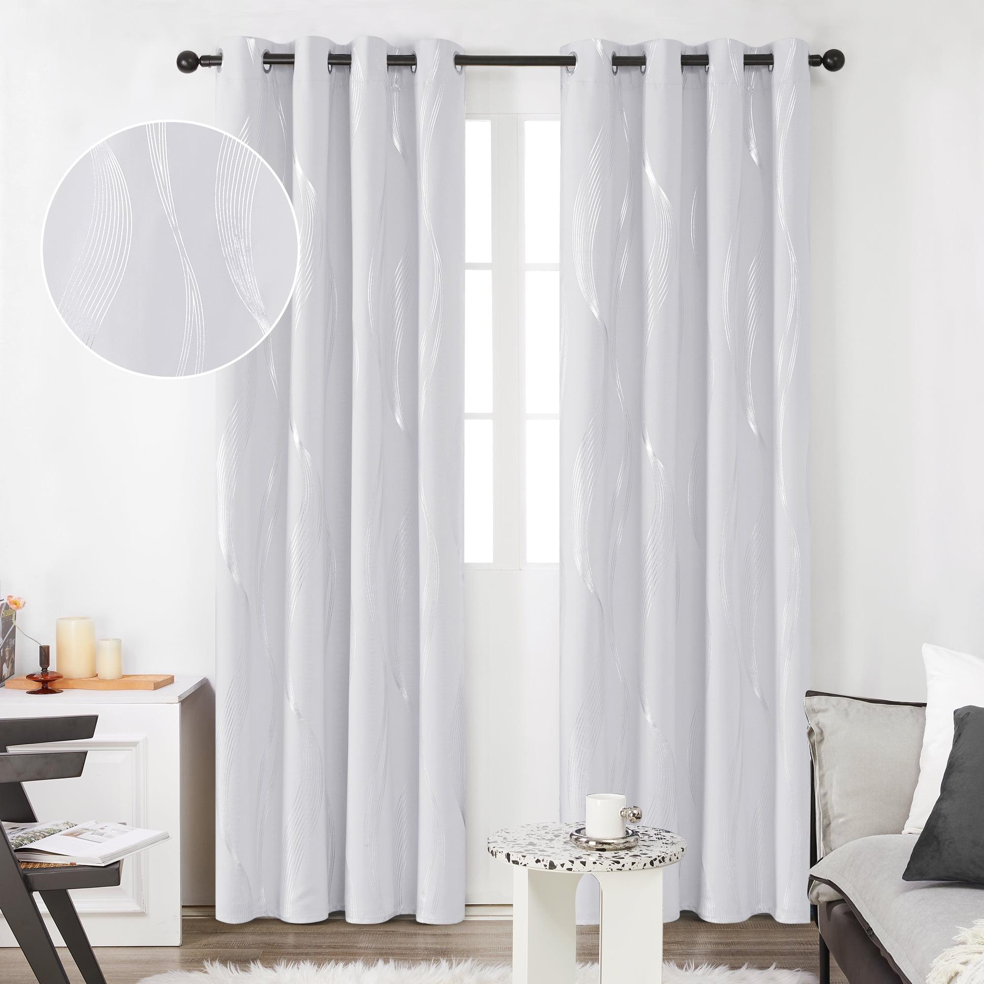 Deconovo Silver Wave Line Foil Printed Blackout Curtains Grommet Panels with 52x54 inch 1 Pair White