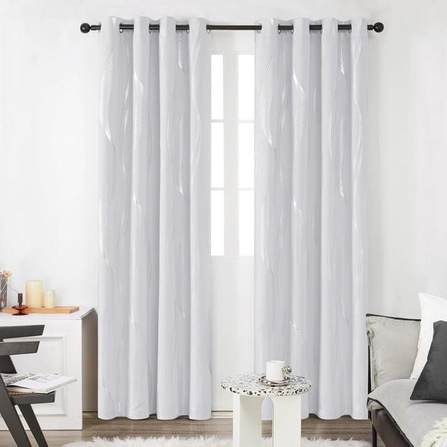 Deconovo Silver Wave Line Foil Printed Blackout Curtains Grommet Panels with 52x54 inch 1 Pair White
