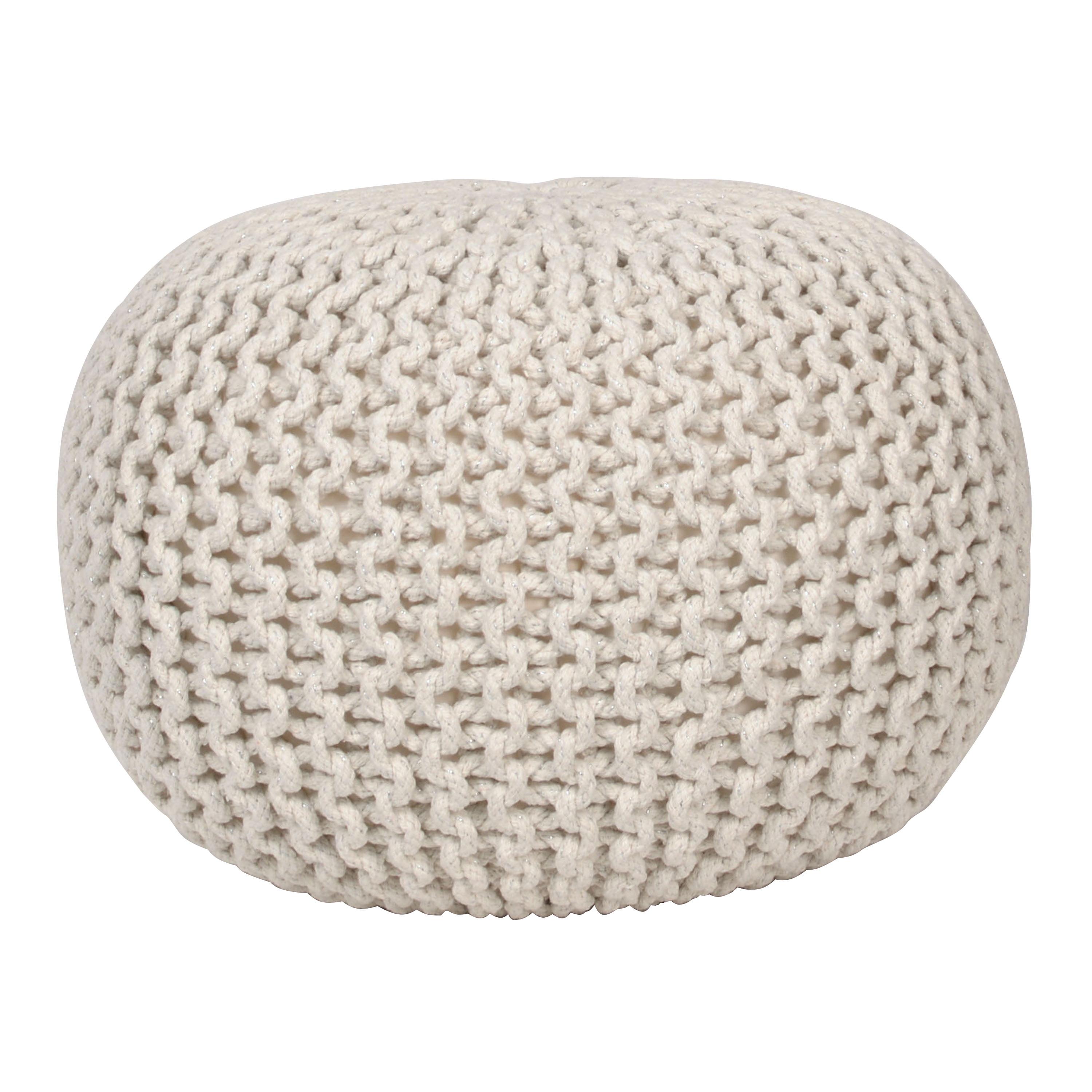 Off-White Cotton Lurex Round Storage Pouf, 20"