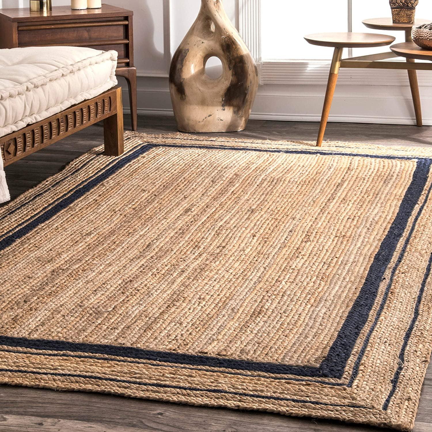 Nuloom Rikki Bordered 4x6 Jute Indoor Area Rug for Dining Room Rug Neutral Rug Living Room Rug Kitchen, Navy/Natural
