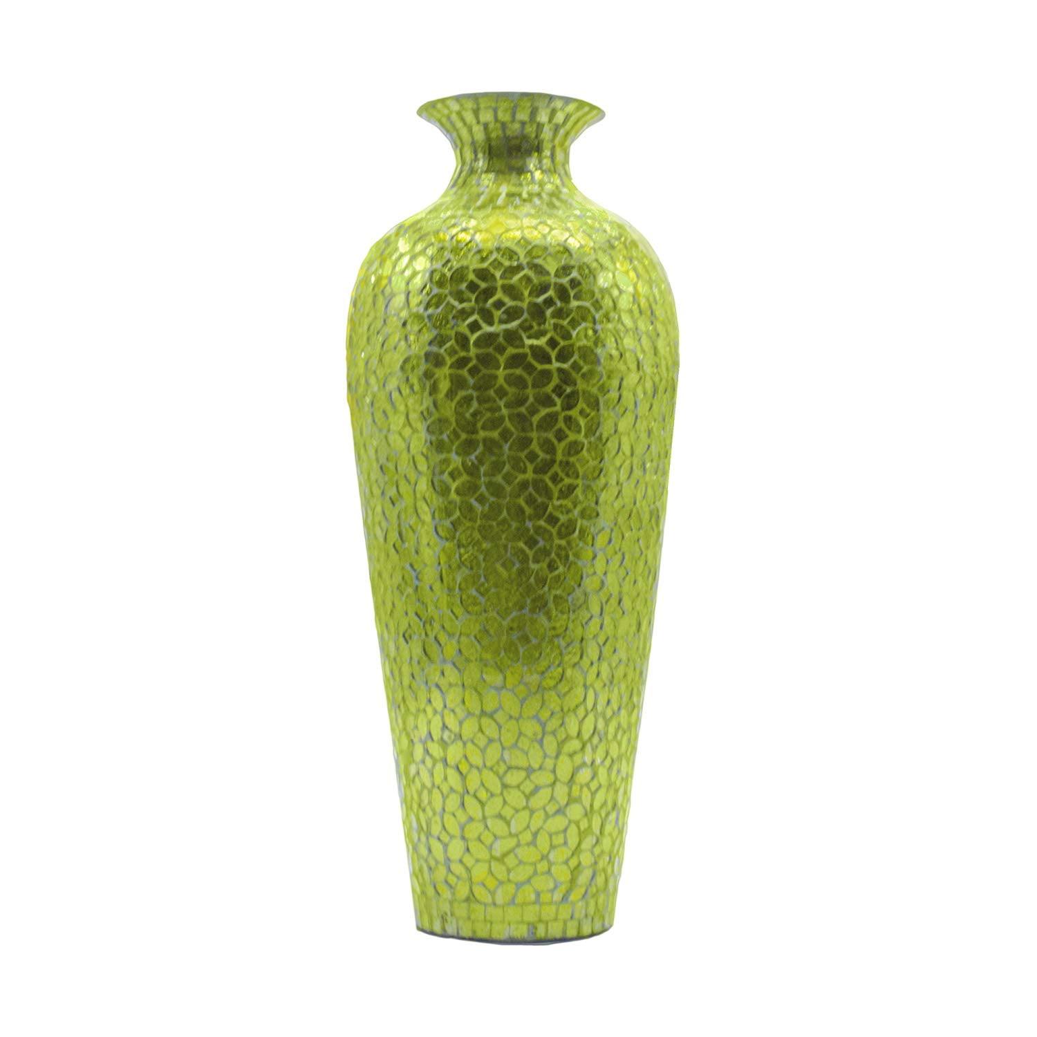 20" Green Mosaic Glass and Metal Floor Vase