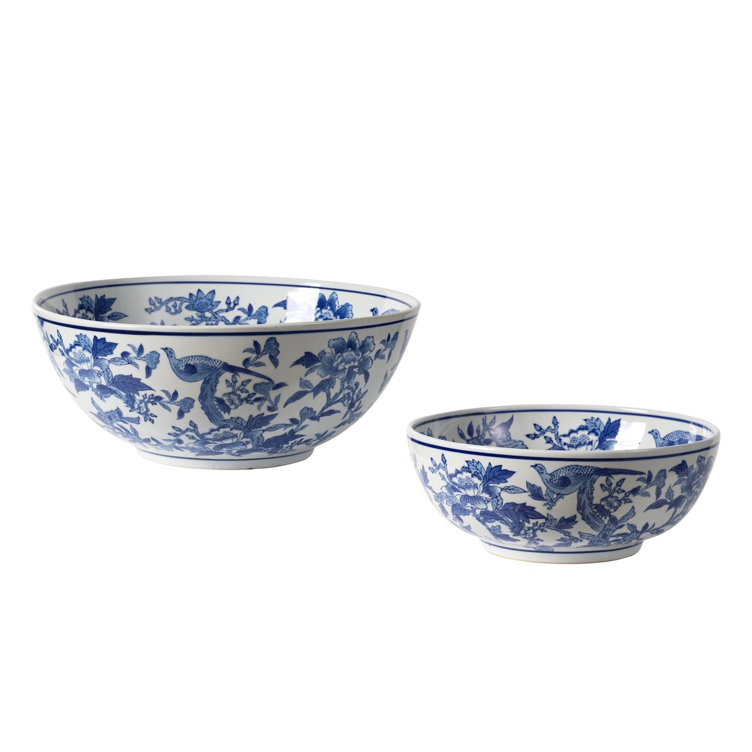 Elegant Blue and White Floral Ceramic Bowl Set, 17.3"