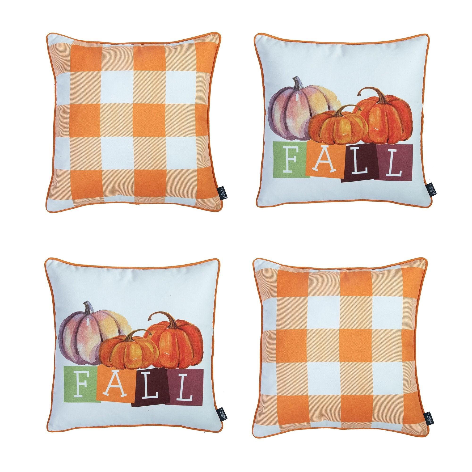 Decorative Fall Thanksgiving Throw Pillow Cover Set of 4 Plaid & Pumpkins 18 in. x 18 in. Yellow & Orange Square for Couch, Bedding