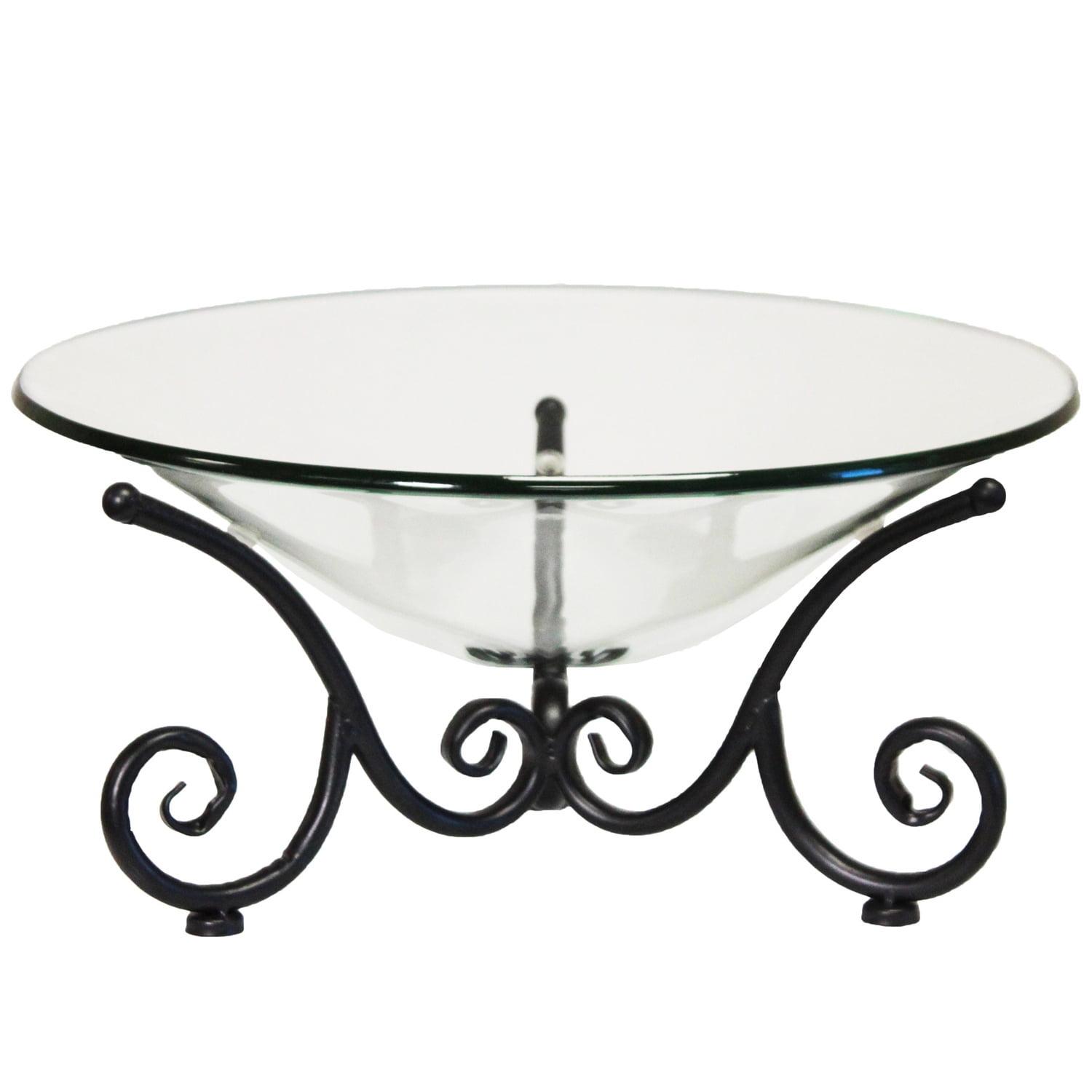 Clear Glass Bowl with Black Iron Scroll Stand