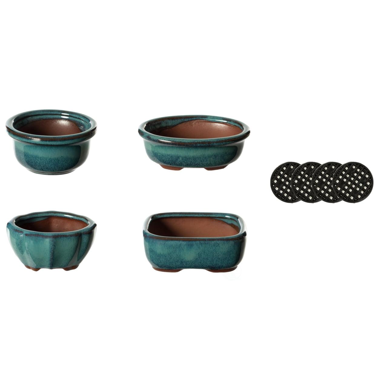 Mini Blue Glazed Ceramic Bonsai Succulent Planters, 4 Pack