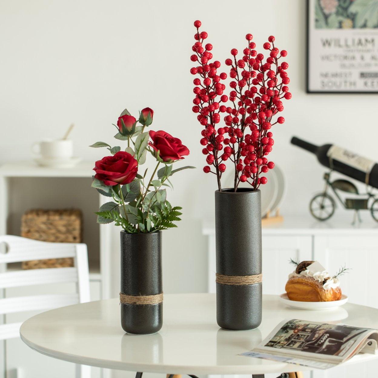 Small Black Ceramic Cylinder Table Vase with Rope