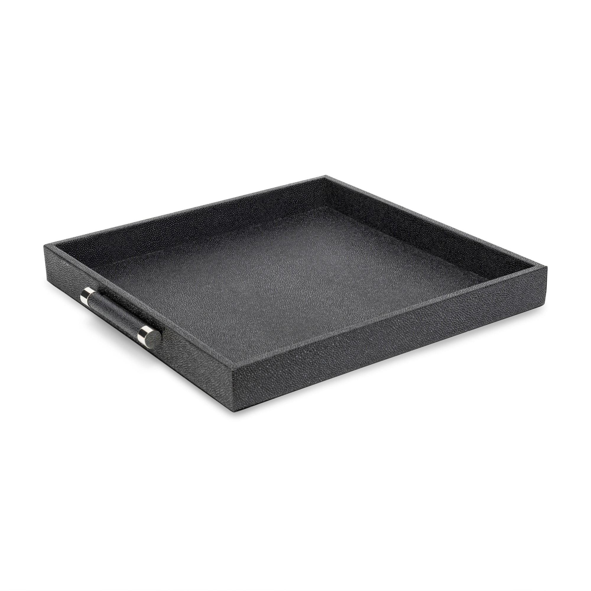 Decorative Serving Tray-Black Shagreen Square with Stainless Steel Silver Handles 18.11 X 18.11 X 1.96" Polyurethane