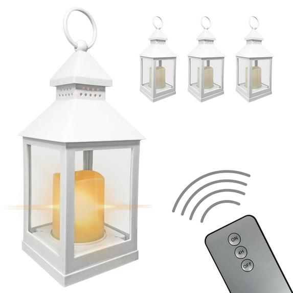 Decorative White Lanterns - Set of 4 - 4 Hour Timer - Remote – 9 3/8"H White LED Lanterns with Flameless Pillar Candles Included - Indoor/Outdoor Lantern Set- Hanging or Sitting Decoration - 9634-4W