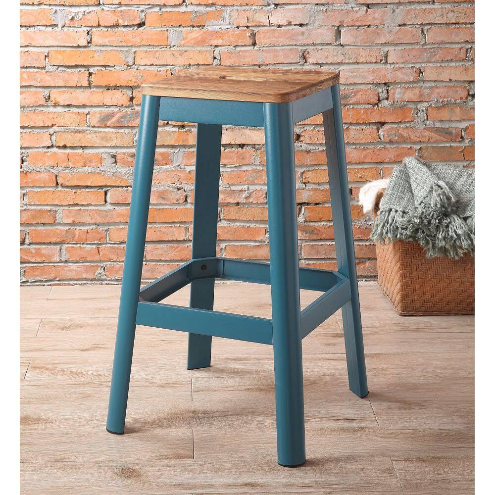 Natural Pine and Teal Metal Backless Bar Stool