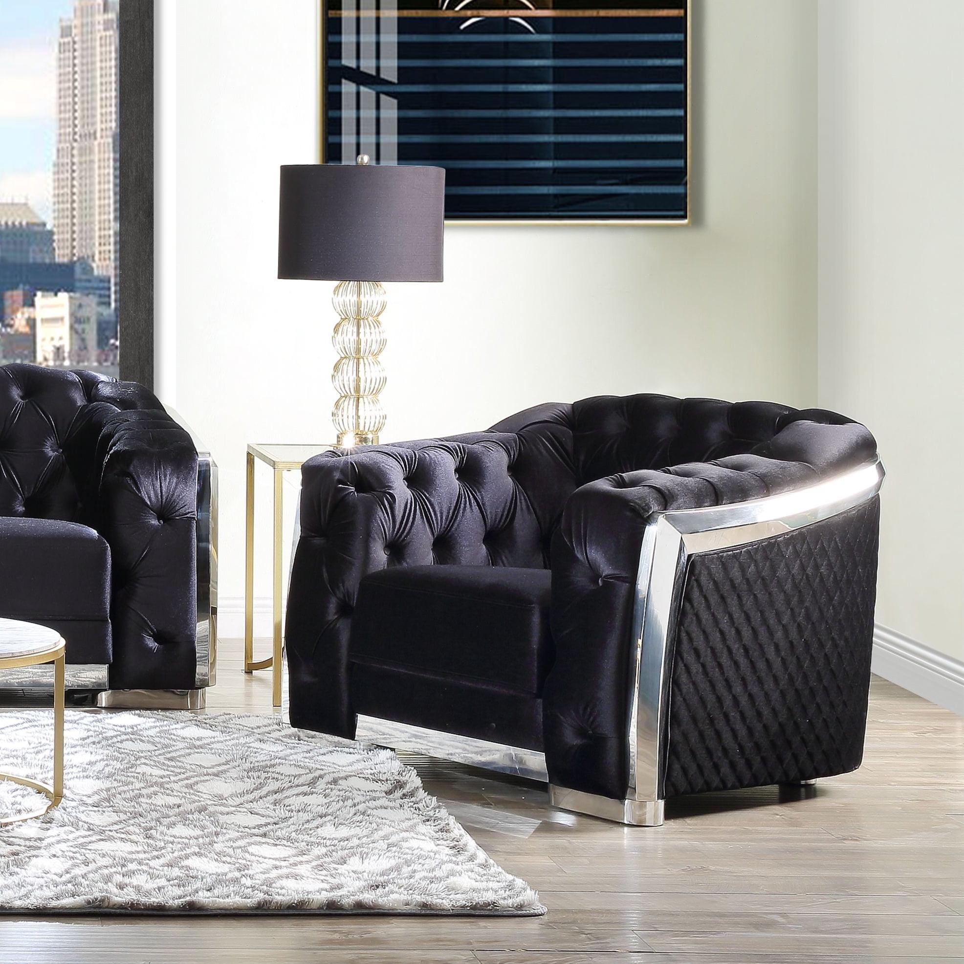 Black Velvet and Chrome Tufted Accent Chair