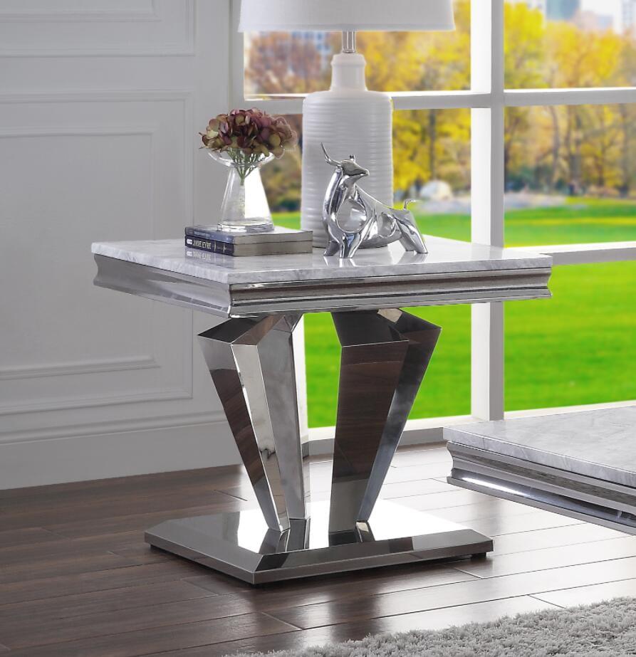 Satinka 24" Light Grey Marble & Stainless Steel End Table