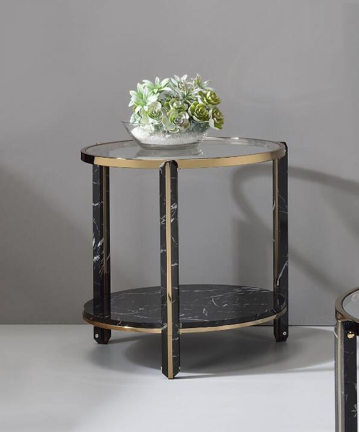 Round Glass and Faux Black Marble End Table with Champagne Trim