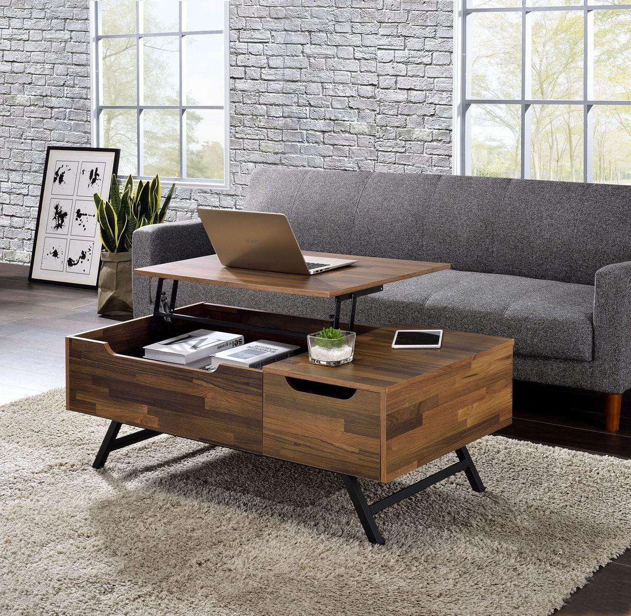 Walnut Rectangular Wood and Metal Lift-Top Coffee Table