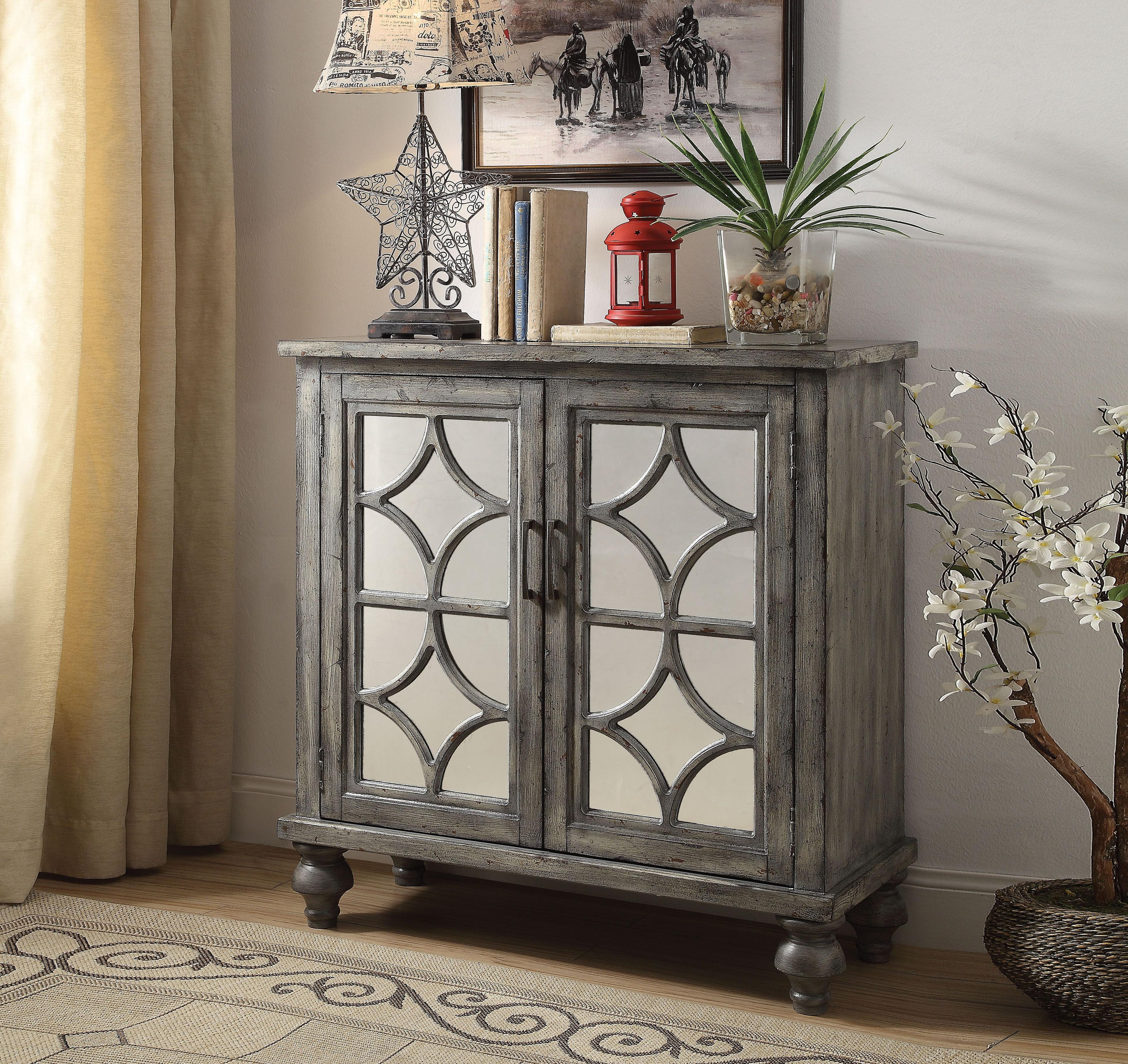 Velika Weathered Gray Mirrored Wood Console Table with Storage