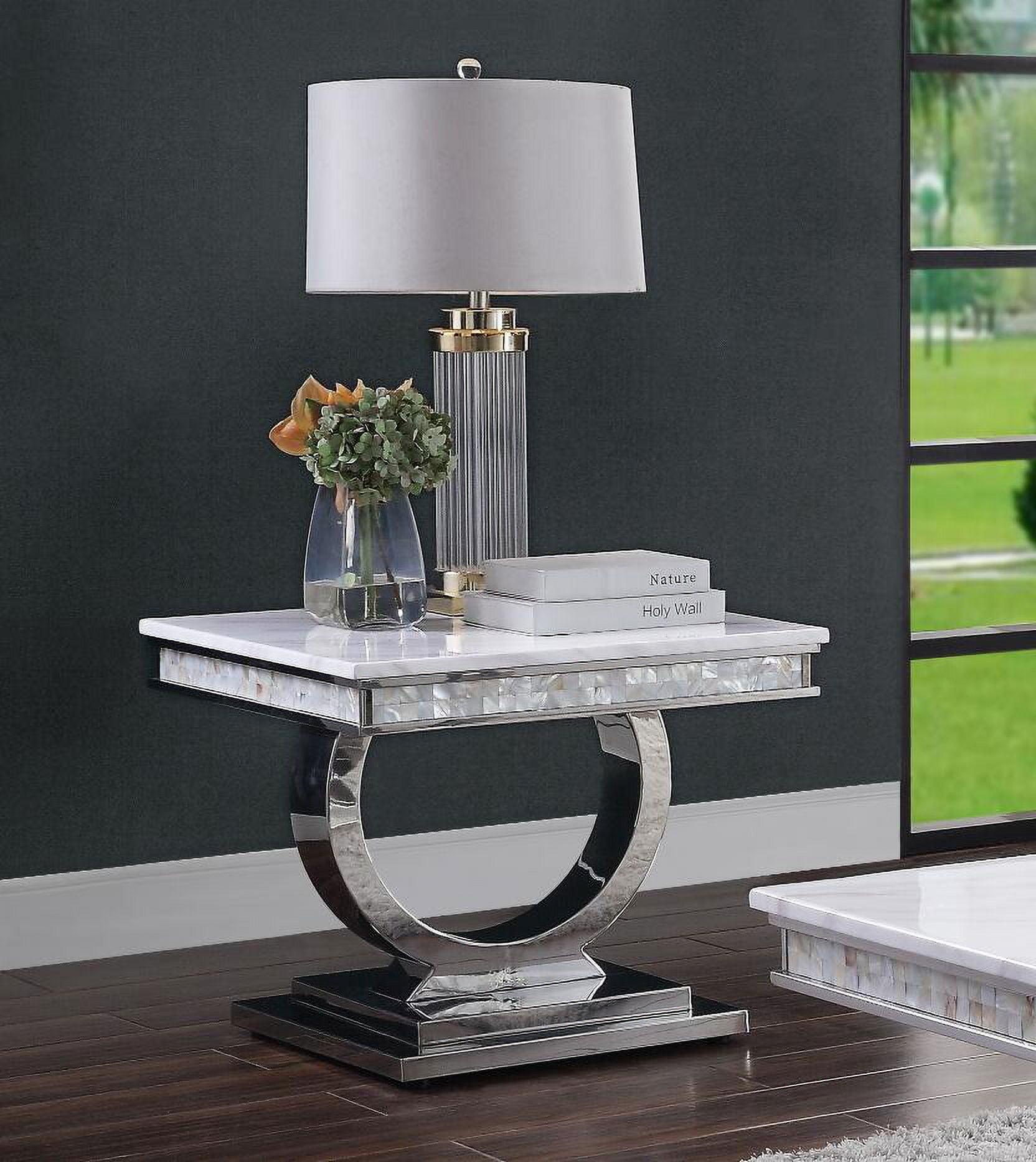 65'' Zander Modern Glamour Sofa Table with White Faux Marble and Mirrored Silver Finish