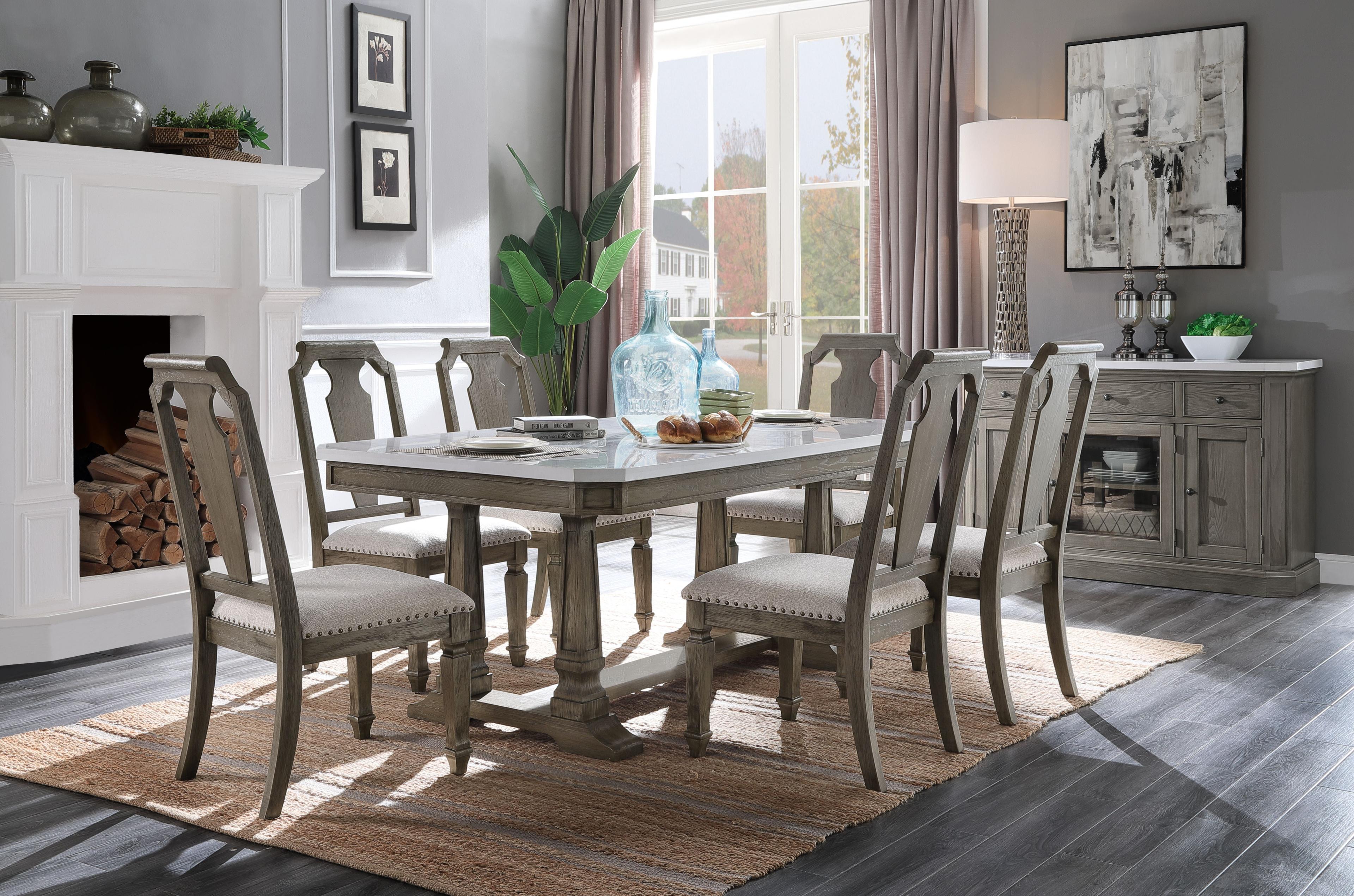 Elegant Transitional Marble-Top Extendable Dining Table in Weathered Oak