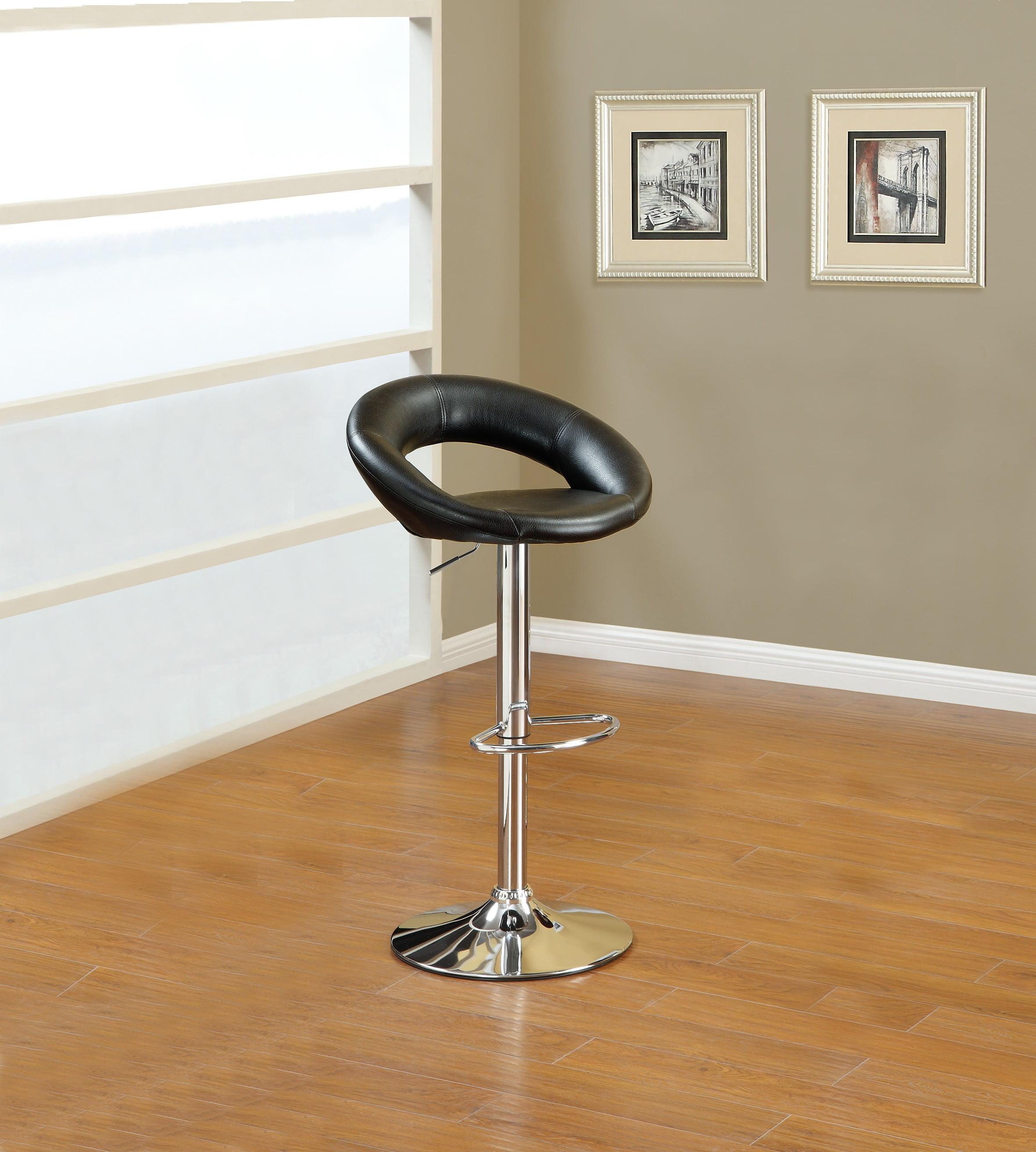 Modern Swivel Adjustable Bar Stool in Black Faux Leather and Silver Metal, Set of 2