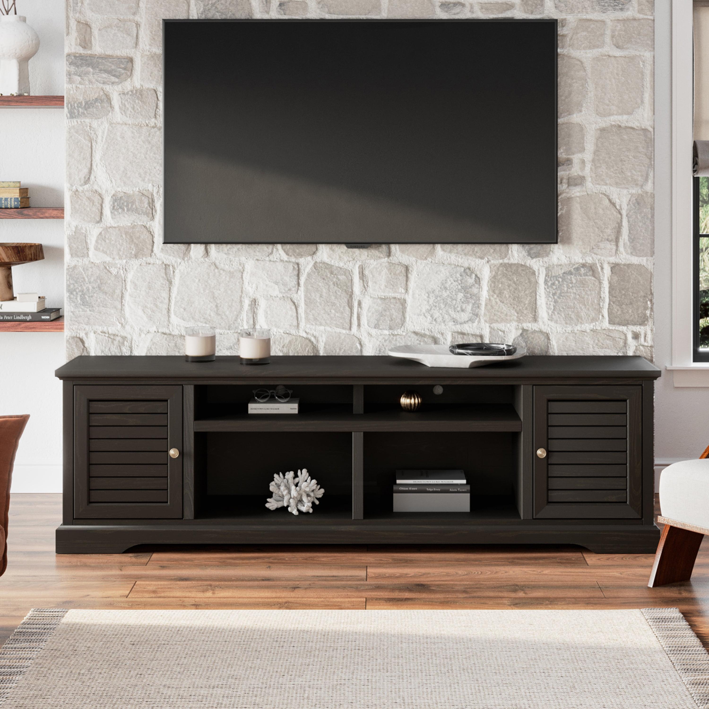 Black Solid Wood TV Stand with Cabinets and Fireplace