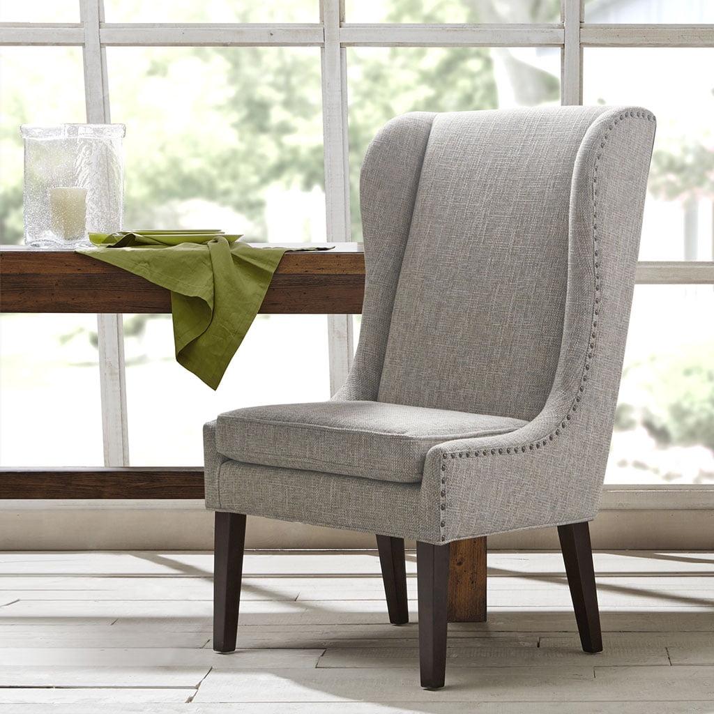 High Wingback Grey Upholstered Dining Chair with Nailhead Trim