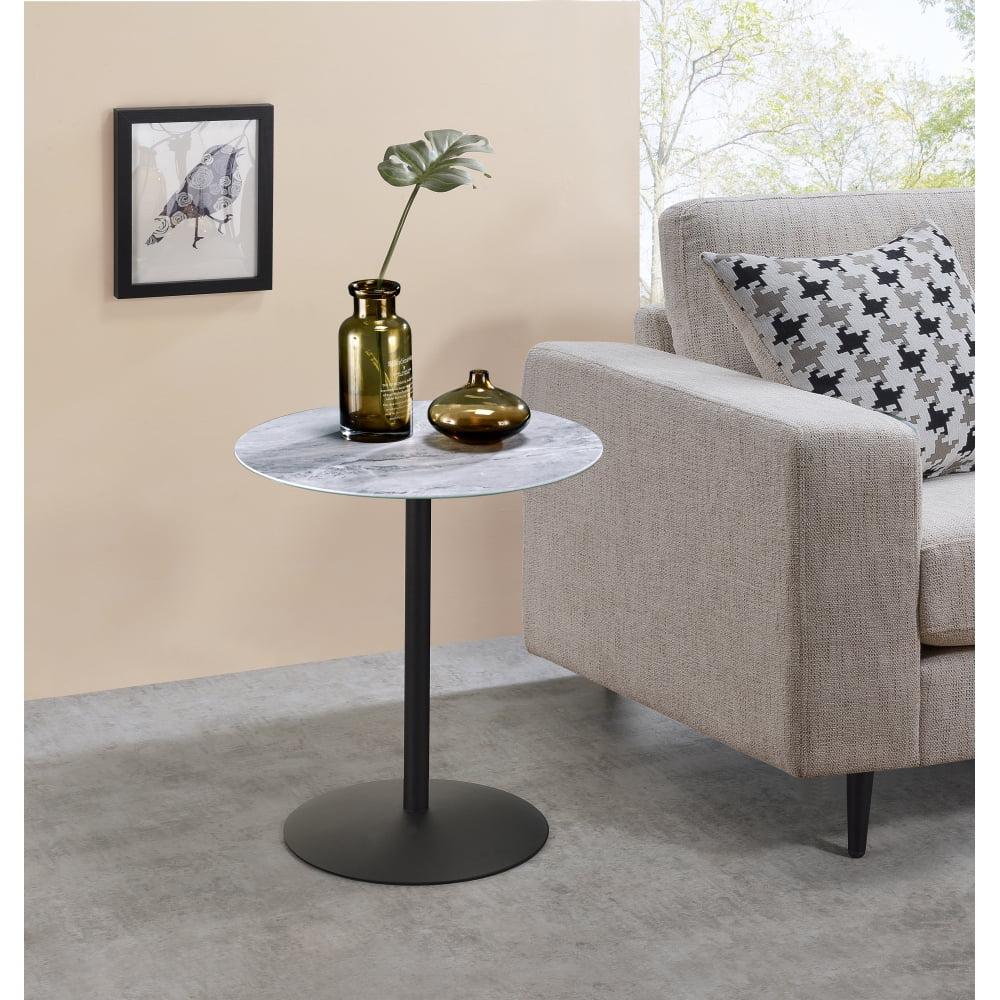 Gray Marble Textured Top Round End Table with Steel Base