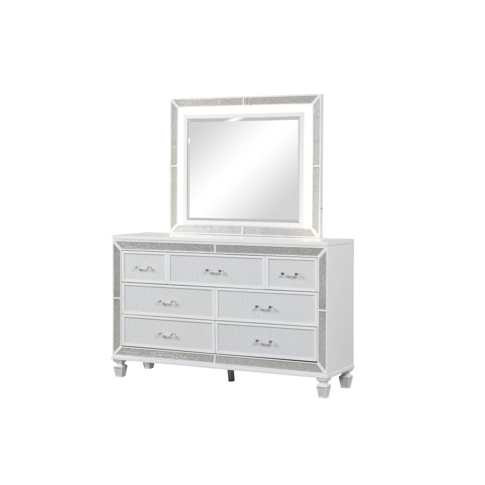 White Glam 7-Drawer Dresser with Mirror and Crystal Accents