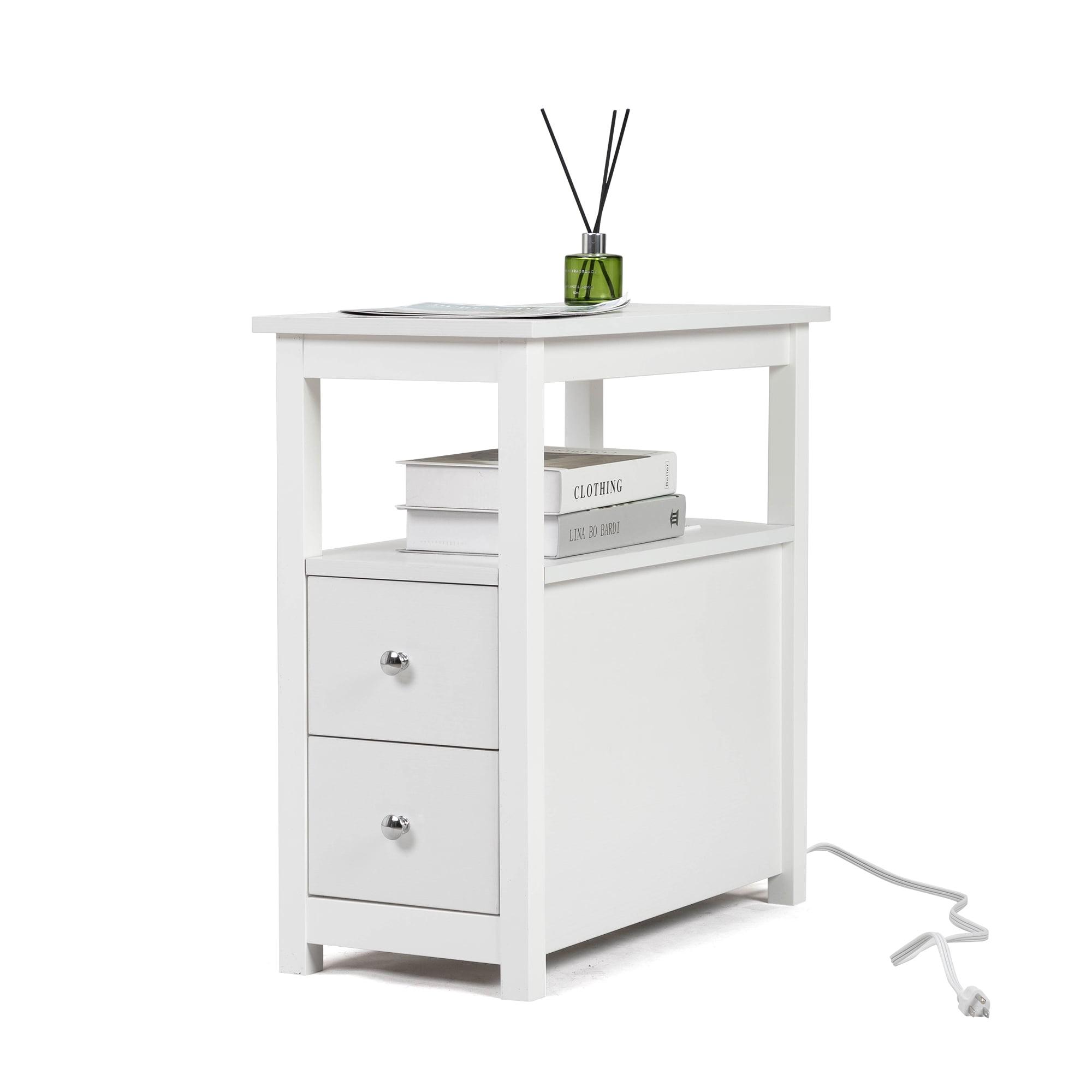 DeeHome End Table with Charging Station, Narrow Sofa Side Table, Wooden Nightstand, Bedroom Living Room Furniture, White