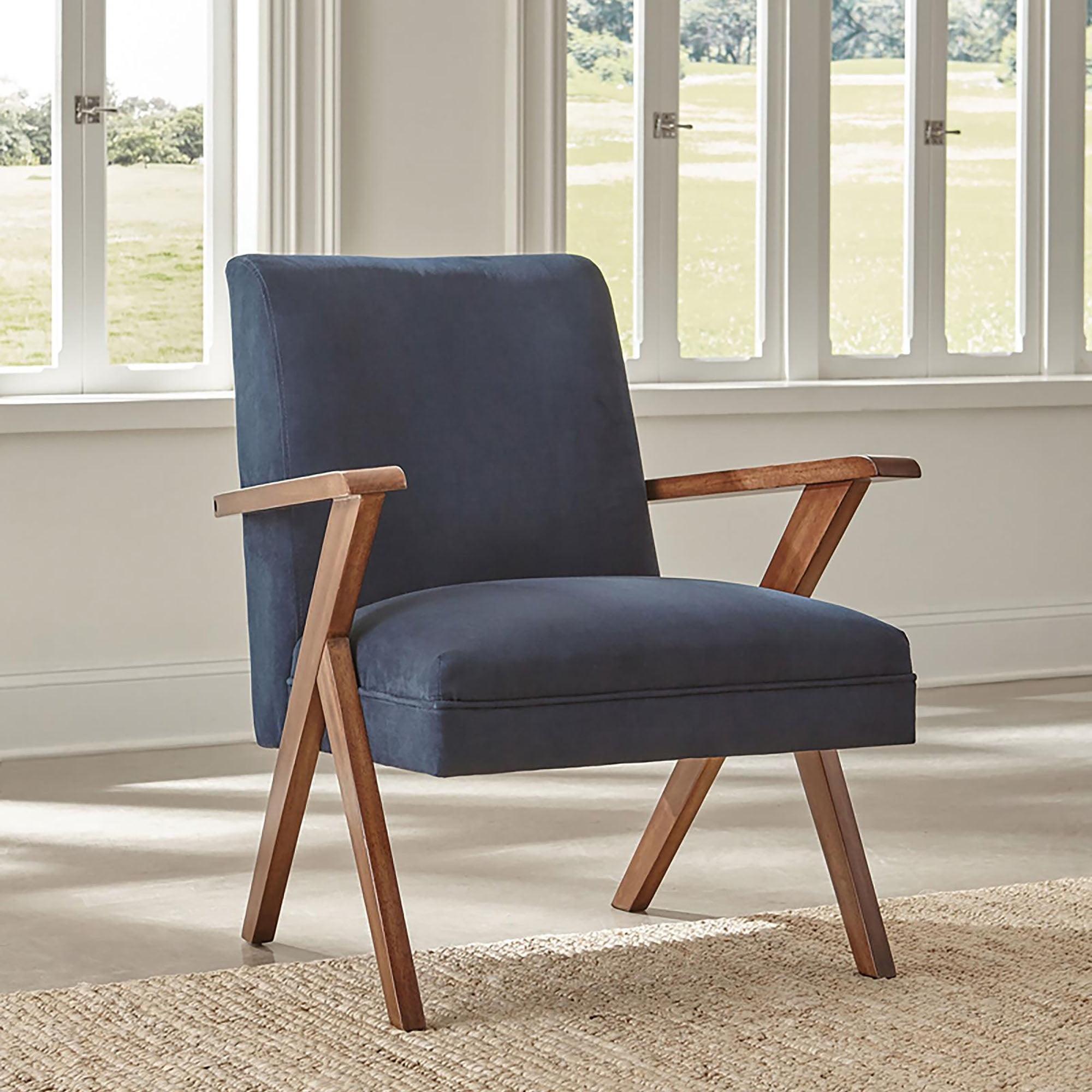 Transitional Dark Blue Velvet Accent Chair with Walnut Arms