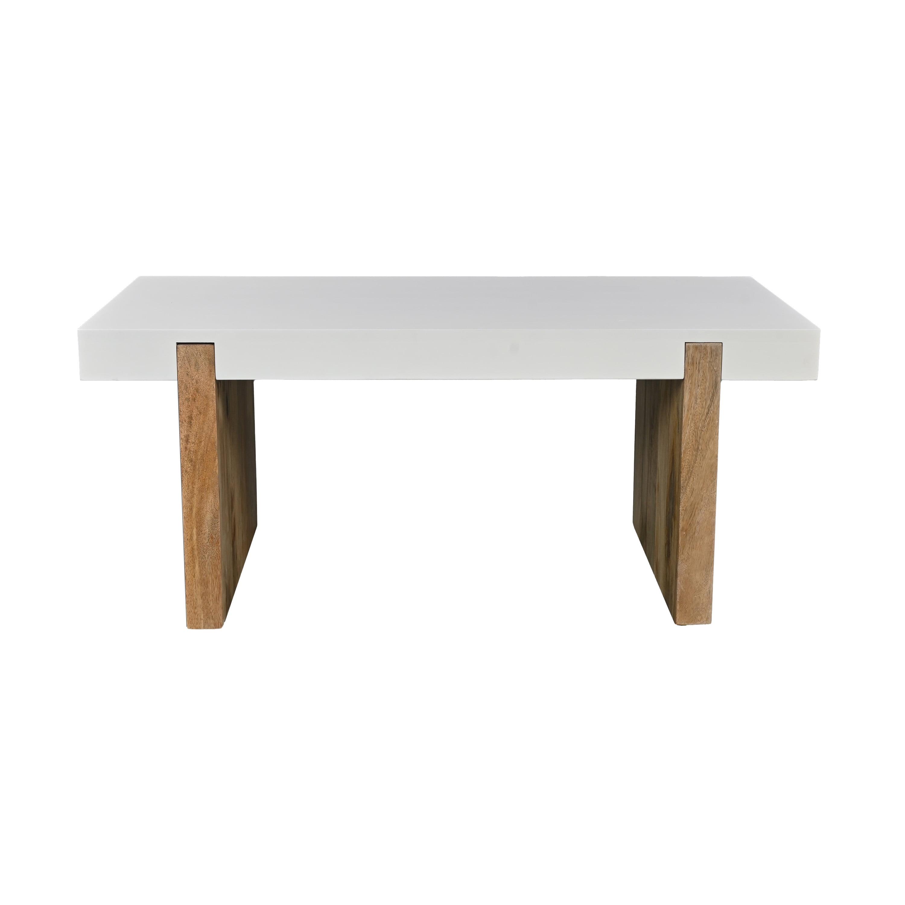 38-Inch Glossy White and Natural Brown Mango Wood Coffee Table