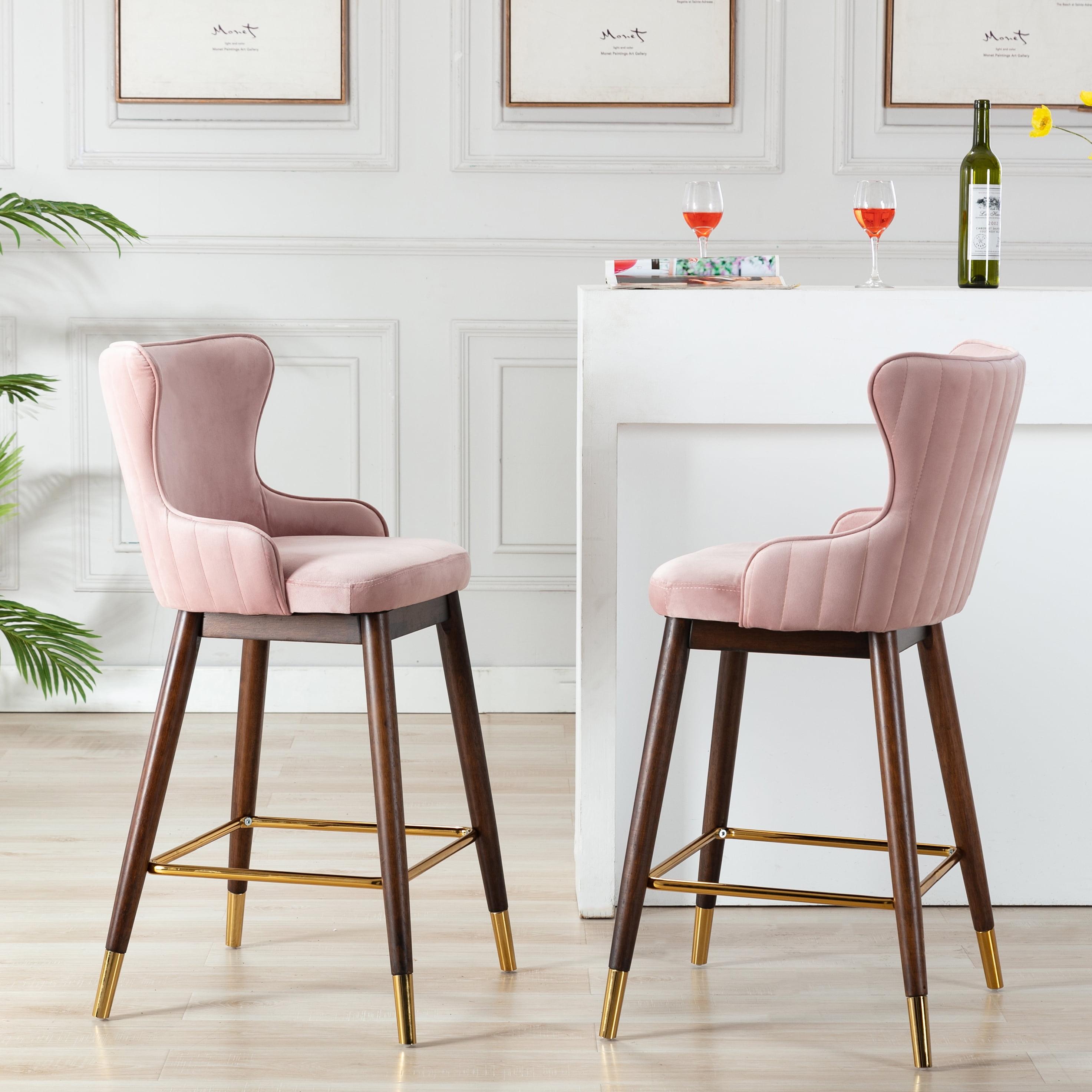 Leland Pink Velvet Wingback Bar Stool with Gold-Tone Accents, Set of 2