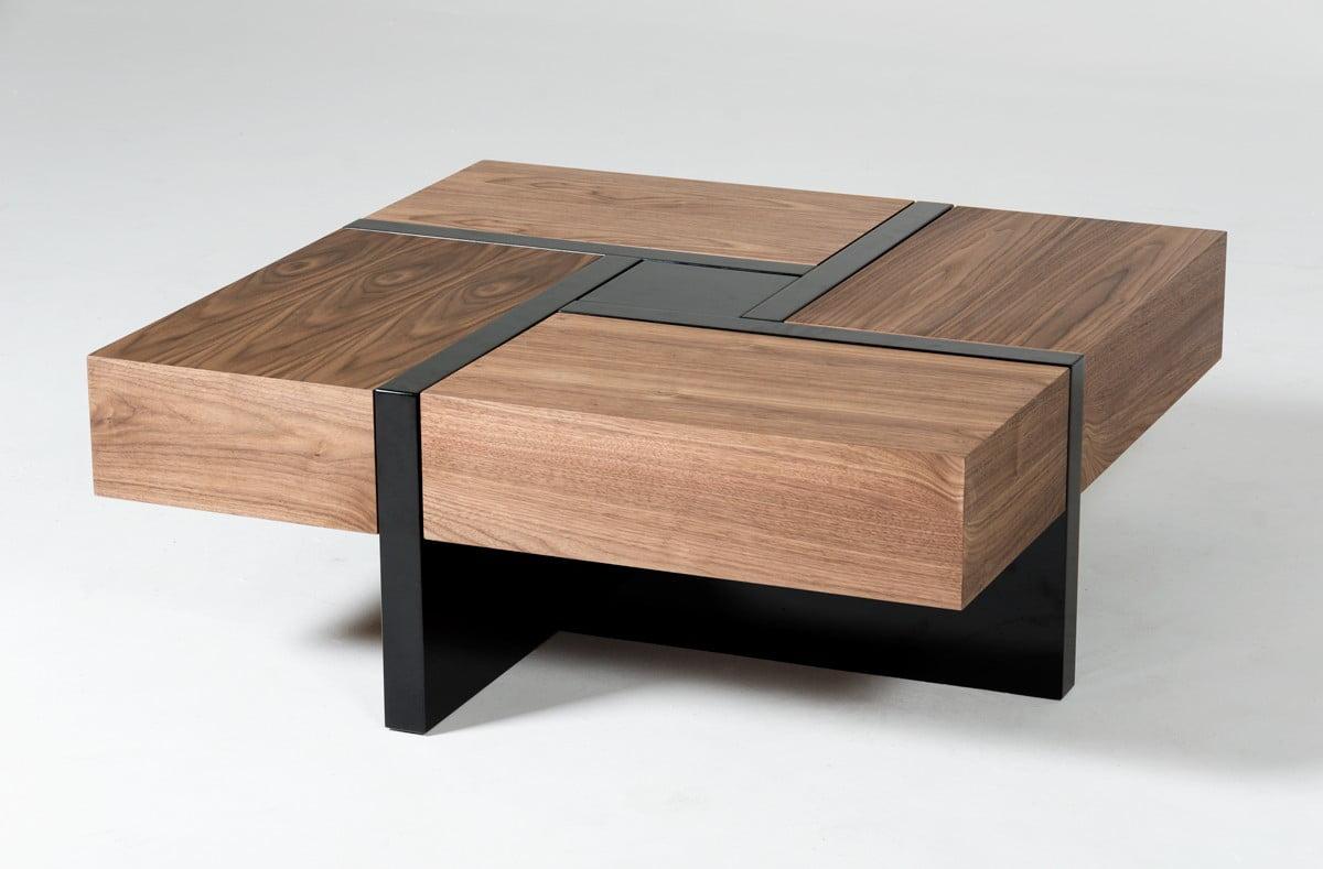 Billie Modern Walnut & Black Square Coffee Table with Hidden Storage