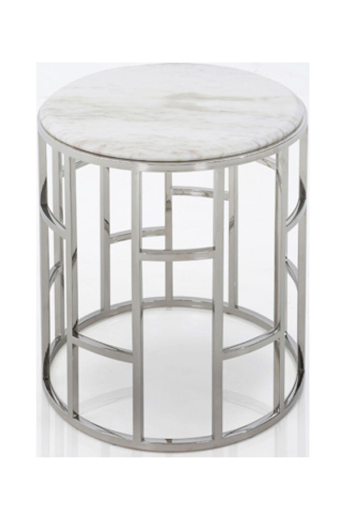 White Marble and Stainless Steel Round End Table